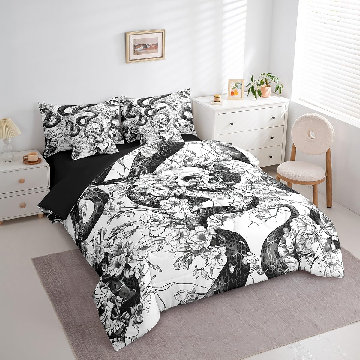 jejeloiu Kids Sugar Skull Comforter Set 7 Pieces Full Size Snake Boho Rose Bedding Set for Boys Girls Gothic Art Bed in a Bag with Comforter, Sheets, Pillowcases & Cushion Covers