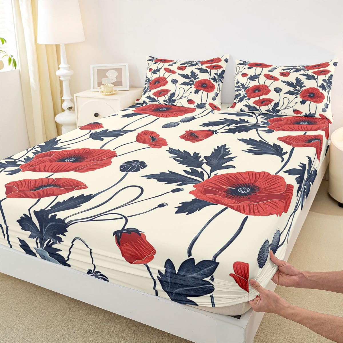 Feelyou Flower Bed Sheets Sets Queen Size Kids Boys Girls Red Floral Bedding Set Botanical Bed Sheet Set with 16-Inch Deep Pockets Spring Garden 4Pcs with 2 Pillow Cases Floral Flower Blossom Printed