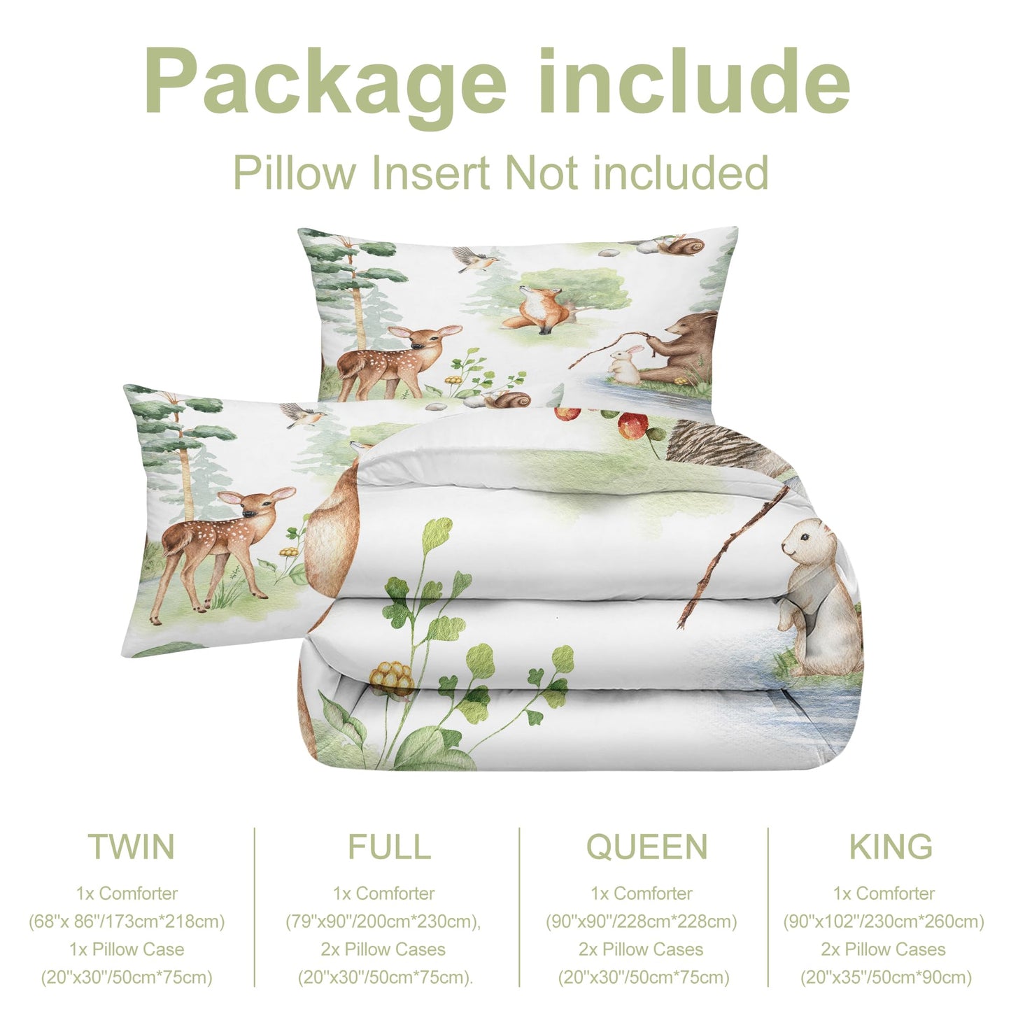 VTKON Wildlife Animals Comforter Set Twin for Kids Woodland Fox Deer and Bear Print Bedding Set Soft Cartoon Animal Print Bed Set White Green Forest Quilt Set with 1 Comforter + 1 Pillowcase