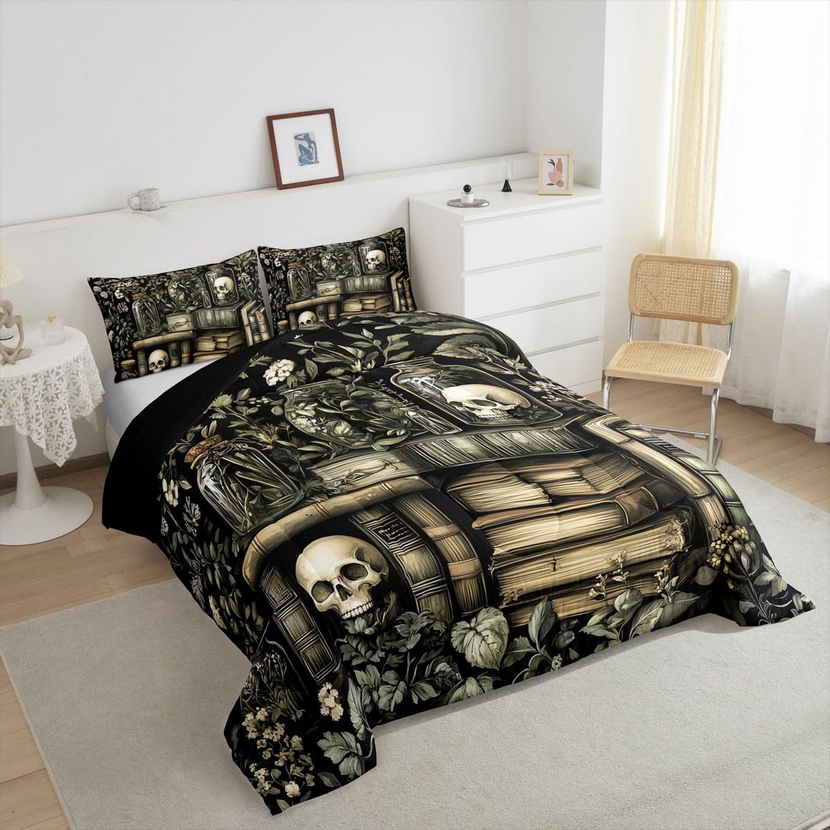 jejeloiu Dark Academia Bedding Set 2Pcs Twin Size Kids Skull Comforter Set for Boys Girls Goth Duvet Quilt Soft Lightweight,Microfiber