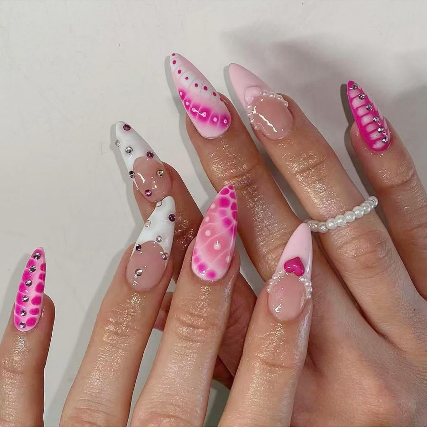 Valentines Press on Nails Long Almond Fake Nails Pink Artificial Nail Heart Love Tortoise Shell Rhinestones Stick on Nail for Women 24pcs