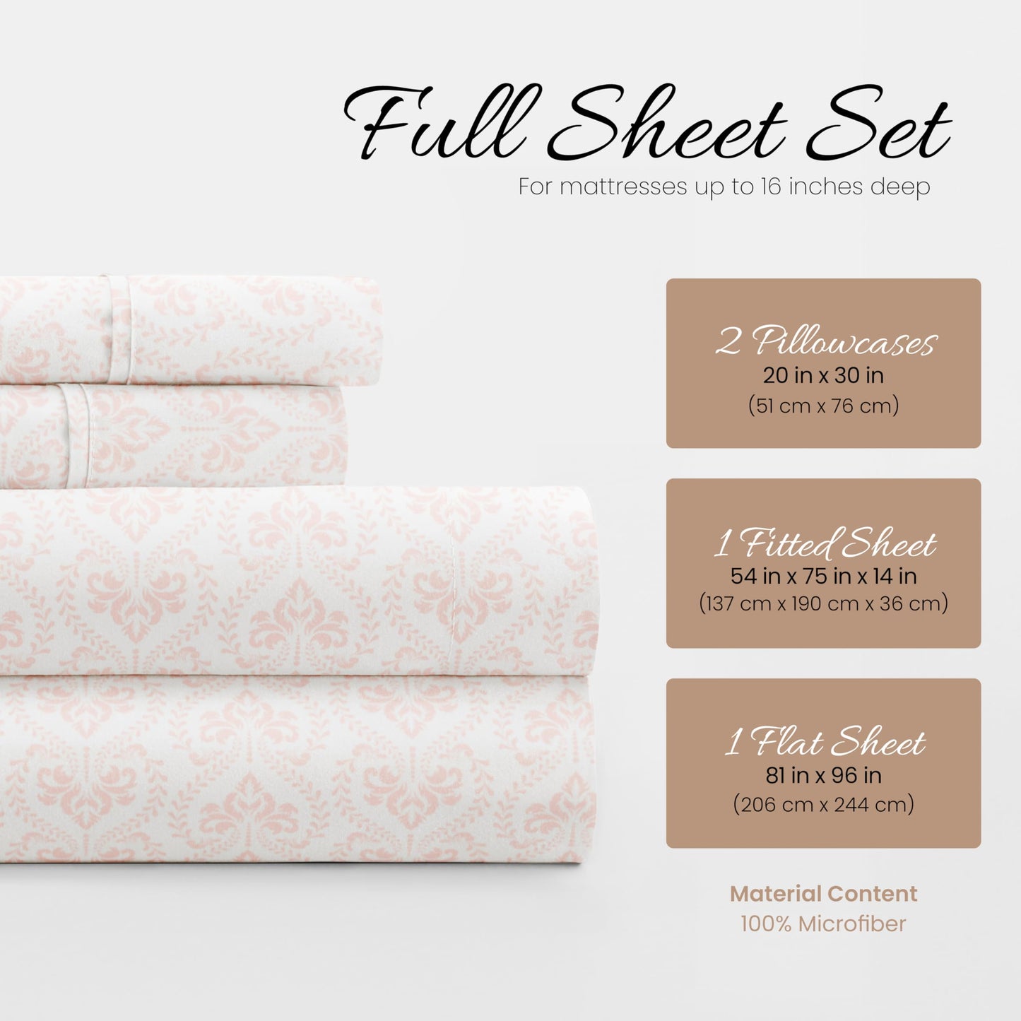 Linen Market Patterned Microfiber Full Sheet Set 4 Piece – Oeko-TEX Certified Ultra Soft & Wrinkle-Free - 16" Deep Pocket Sheets - Easy Care Full Size - Classic in Pink