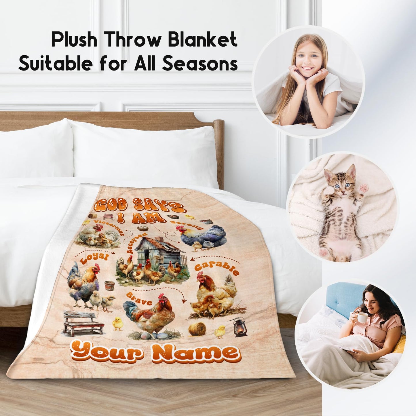 Custom Chicken Blanket with Name, Chicken Gifts for Women & Kids, Inspirational Fleece Throw Blanket, 50"x60"