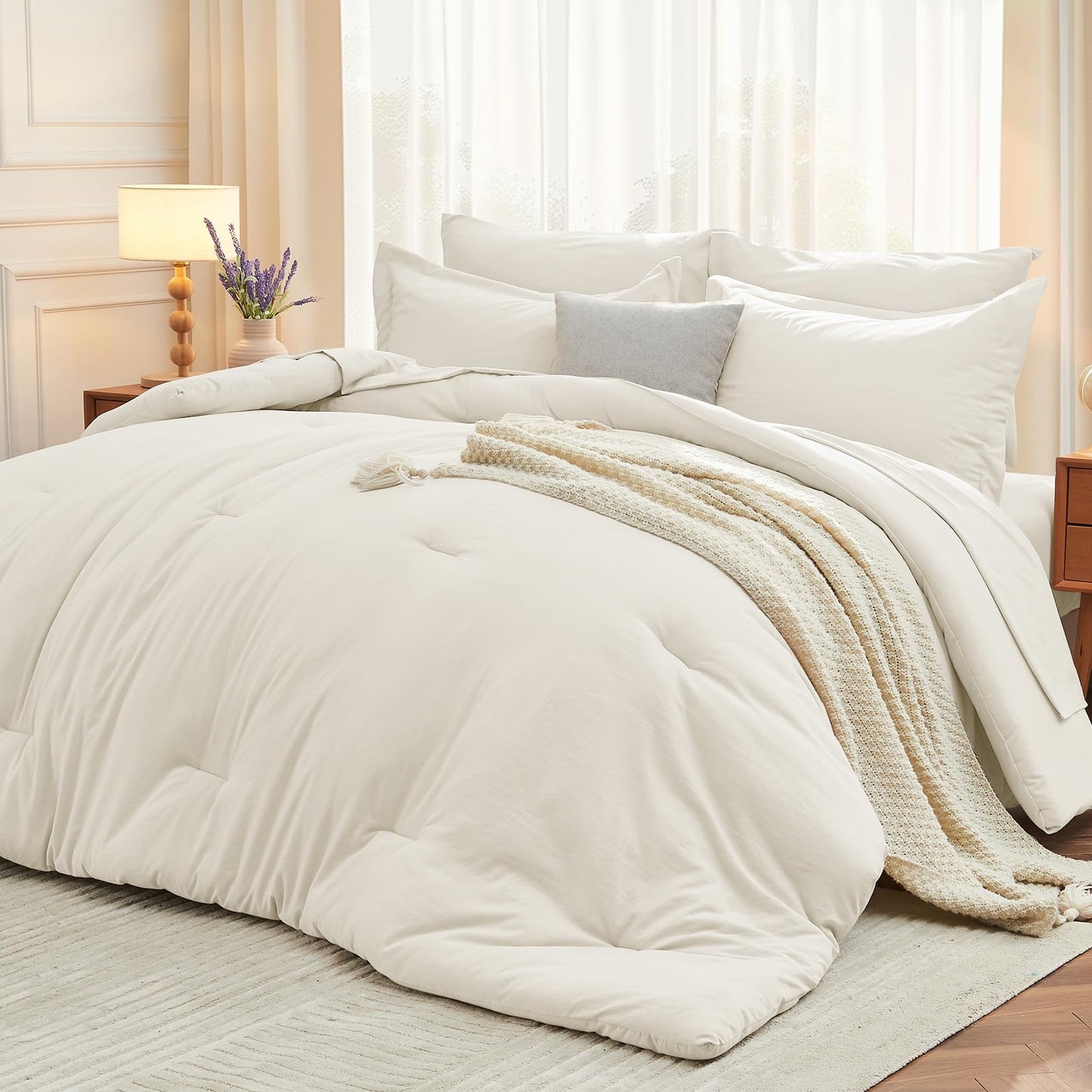 MUXHOMO 7 Pieces Queen Comforter Set, Soft Bed in a Bag Queen Size, All Season Bedding Set with Comforter, Flat Sheet, Fitted Sheet, Pillowcases & Shams, Ivory