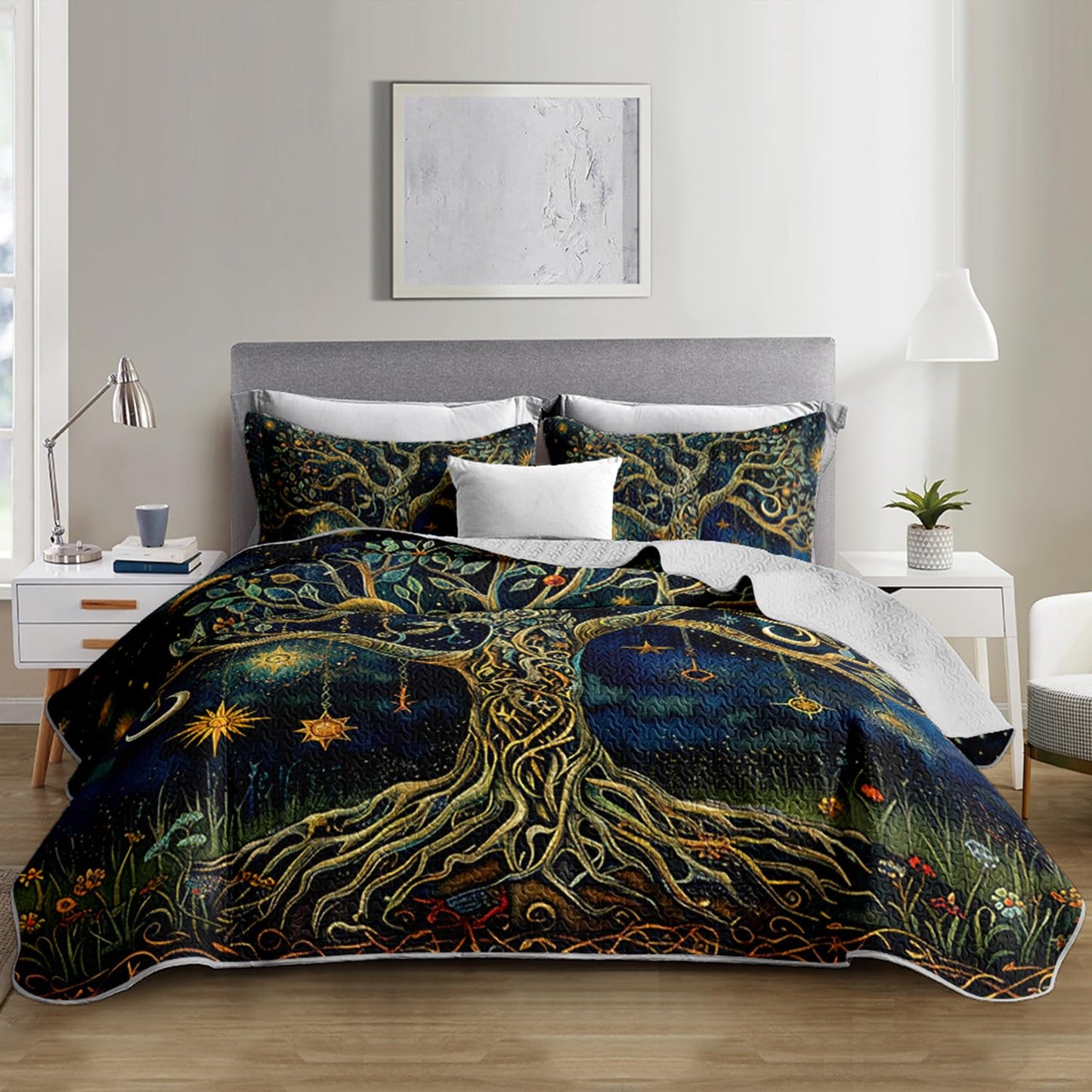 XYNHML Dreamy Tree of Life Quilts Bedding Full 3Pcs Mysterious Sun Moon Starry Celestial Quilt Bed Set Lightweight Soft Bedspreads Coverlet with 2 Pillowcases for Kid Boy Girl Teen Adult Bed Decor