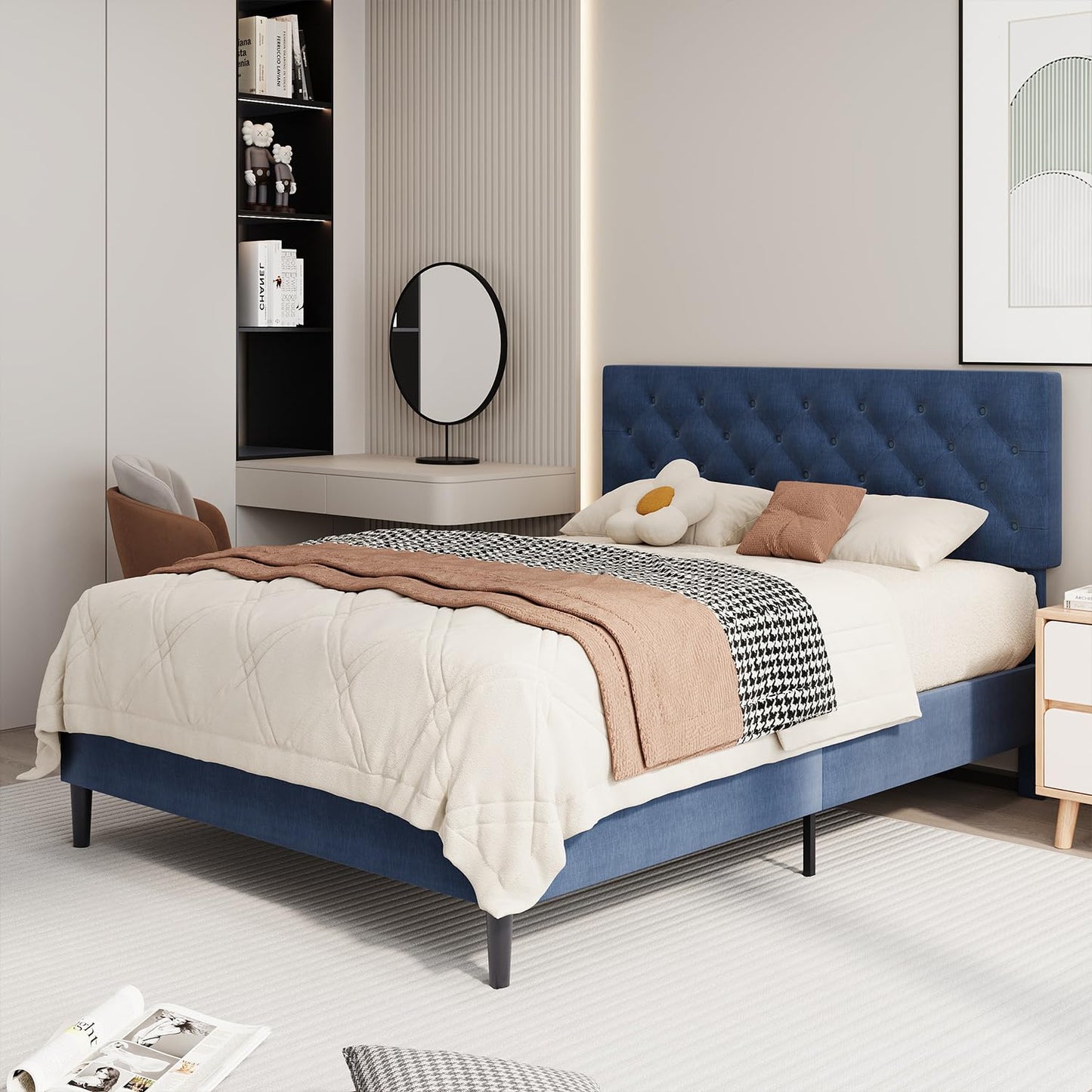 BarnFurin Queen Size Bed Frame with Headboard, Linen Upholstered Platform Bed with Button Tufted Design, No Box Spring Required, Easy Assembly, Navy Blue