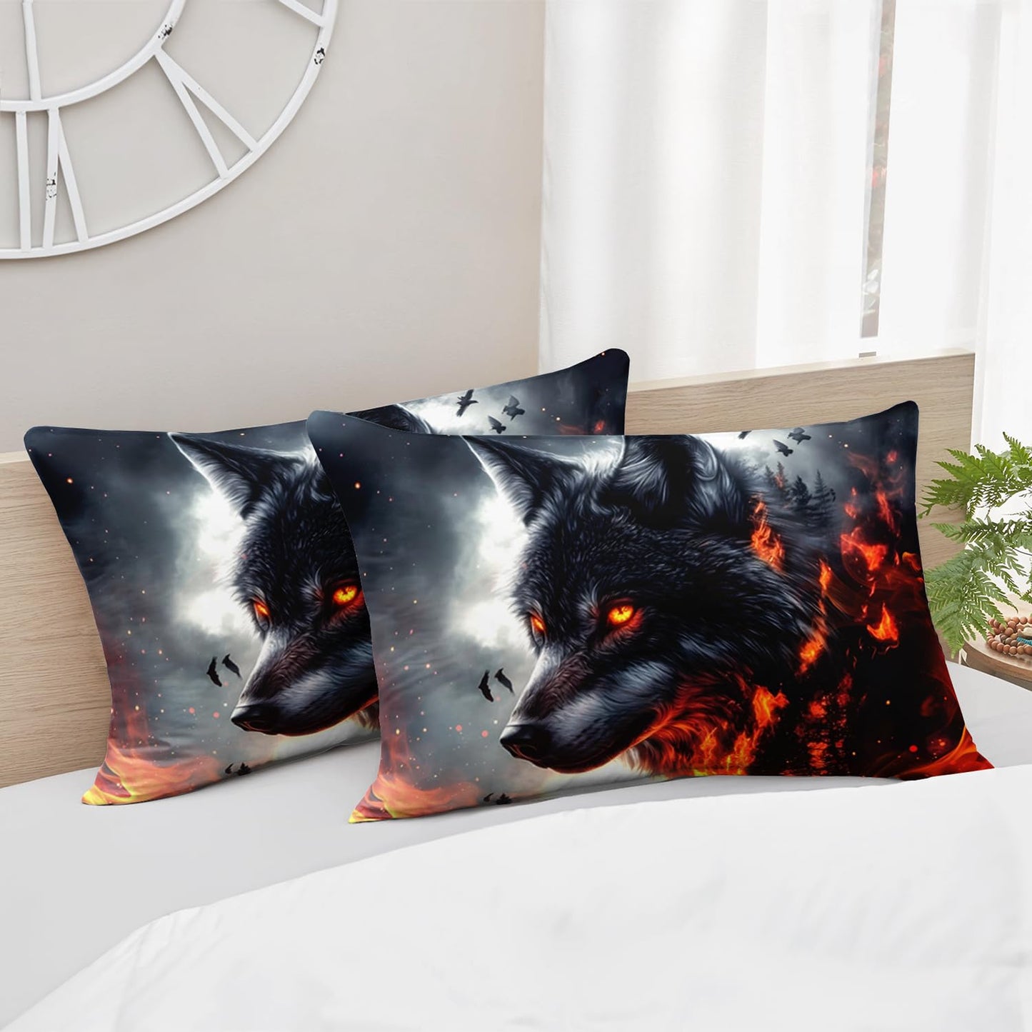 HOSIMA Wolf Twin Bedding Sets for Kids,Wolf Surrounded by Fire Print Lightweight Fitted Sheet,Animal Themed Forest Wildlife Bedding Sets for Boys Room Decor,1 Fitted Sheet+2 Pillowcases.
