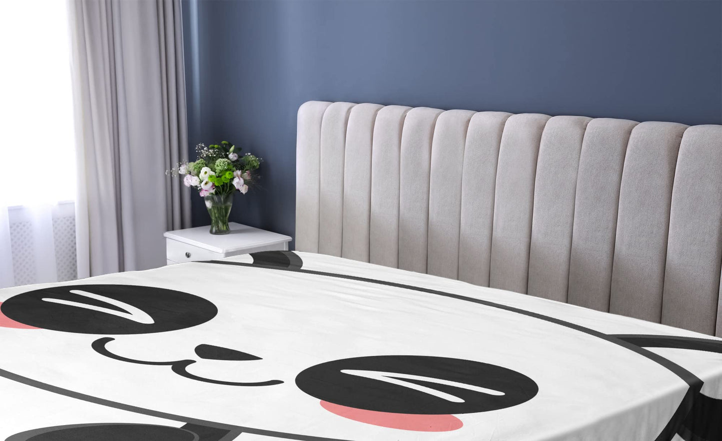 Ambesonne Anime Fitted Sheet, Cartoon Smiling Panda Fun Animal Theme Japanese Manga Teen Art Print, Bed Cover with All-Round Elastic Deep Pocket for Comfort, Twin Size, Black White Grey