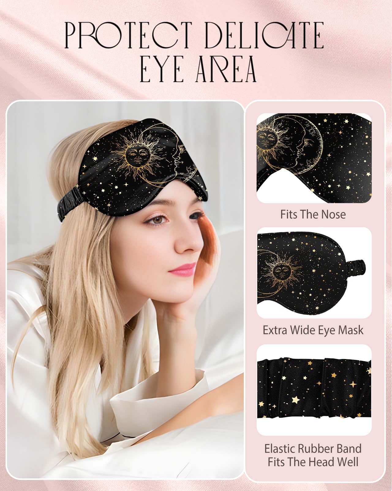Miss Adola Mulberry Silk Pillowcase Set - 1 Pc Silk Pillowcase with Eye Mask & Scrunchie, Soft Standard 20"x26" Pillow Case for Hair and Skin, Sleeping Gift for Women, Black Sun Moon