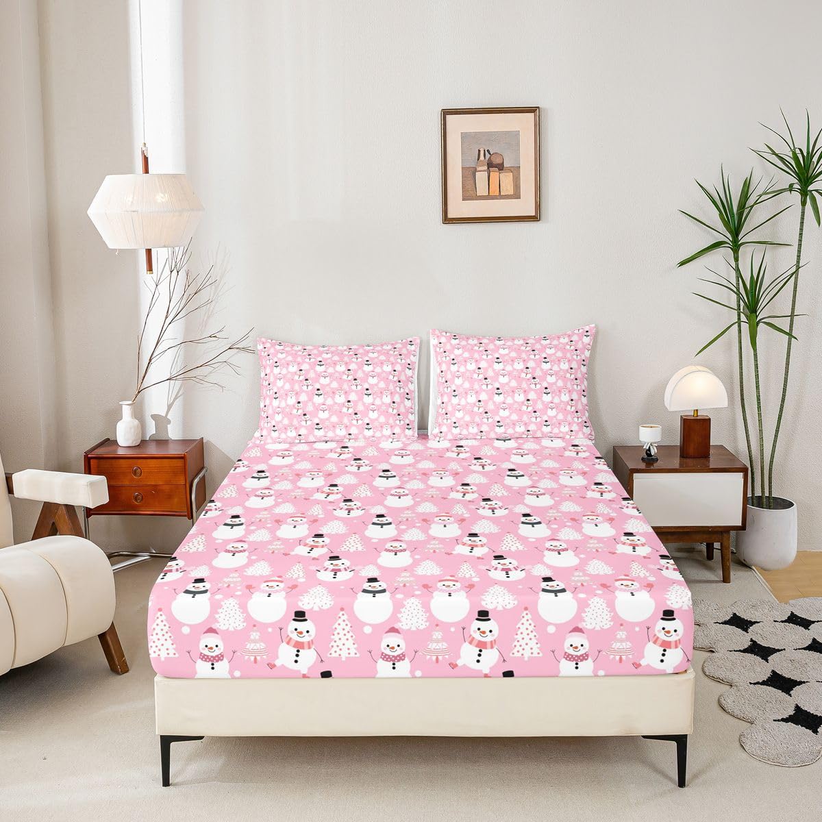 Erosebridal Kawaii Bedding Sets Twin Cute Cartoon Snowman Fitted Sheet for Kids Child Girls Pastel Pink Merry Christmas Tree Bed Sheets Snowflake Bedding Decor Set Xmas Decorations