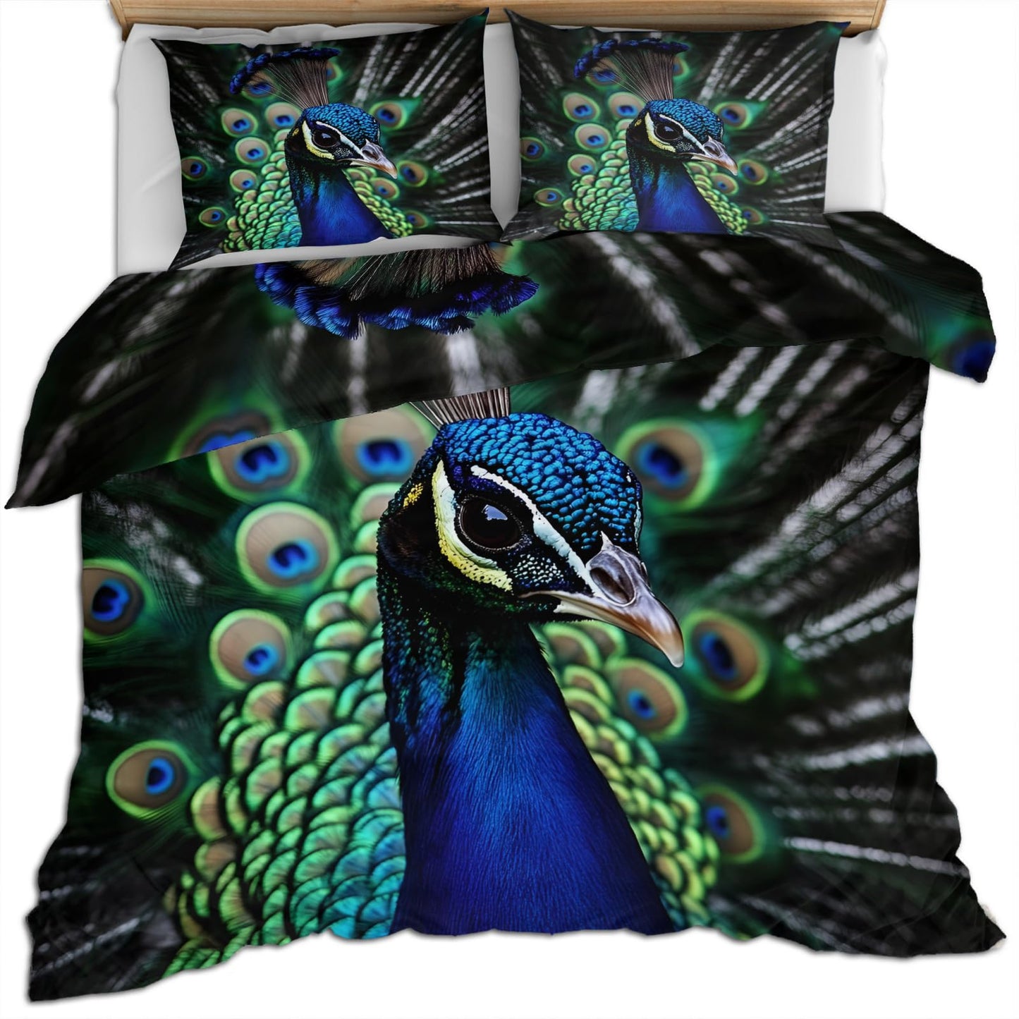 QINYUN Peacock Duvet Cover King Size, Green Peacock Feather Bedding Set 3 Piece Bedroom Decor Wild Animals Boho Comforter Cover with Zipper Ties & 2 Pillowcases