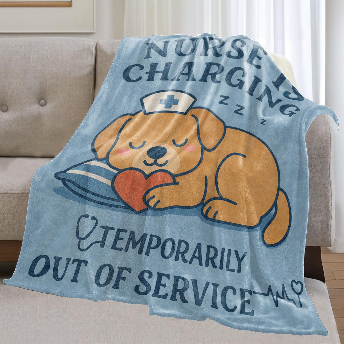 olpddz Cute Nurse Theme Dog Flannel Blanket Funny Gifts for Nurses,60x50inch,Cartoon Puppy Sleeping Throw Blankets with Heart and Cap,for Hospital,Bedroom,Couch Nap,Living Room,Birthday Decor Throws