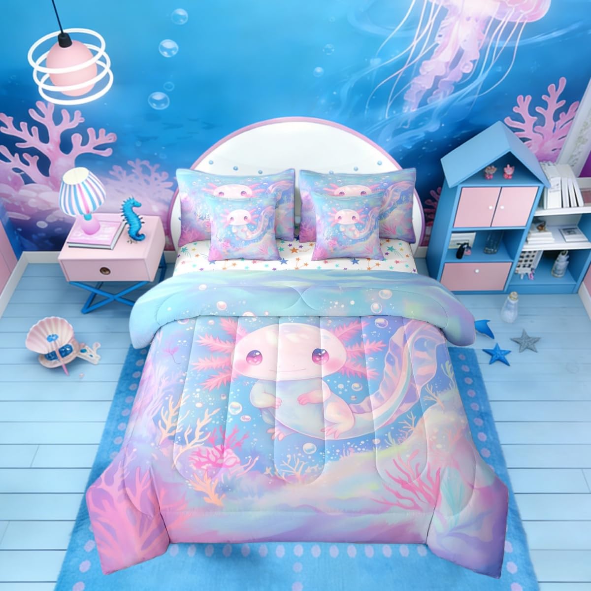 Erosebridal Coral Axolotl Ombre Cute Purple Blue Kids 7 Piece Bedding Set Twin | Salamander Cartoon Comforter Set with Sheets Ocean Sealife Kawaii Bed in A Bag Seaweed Bed Sets