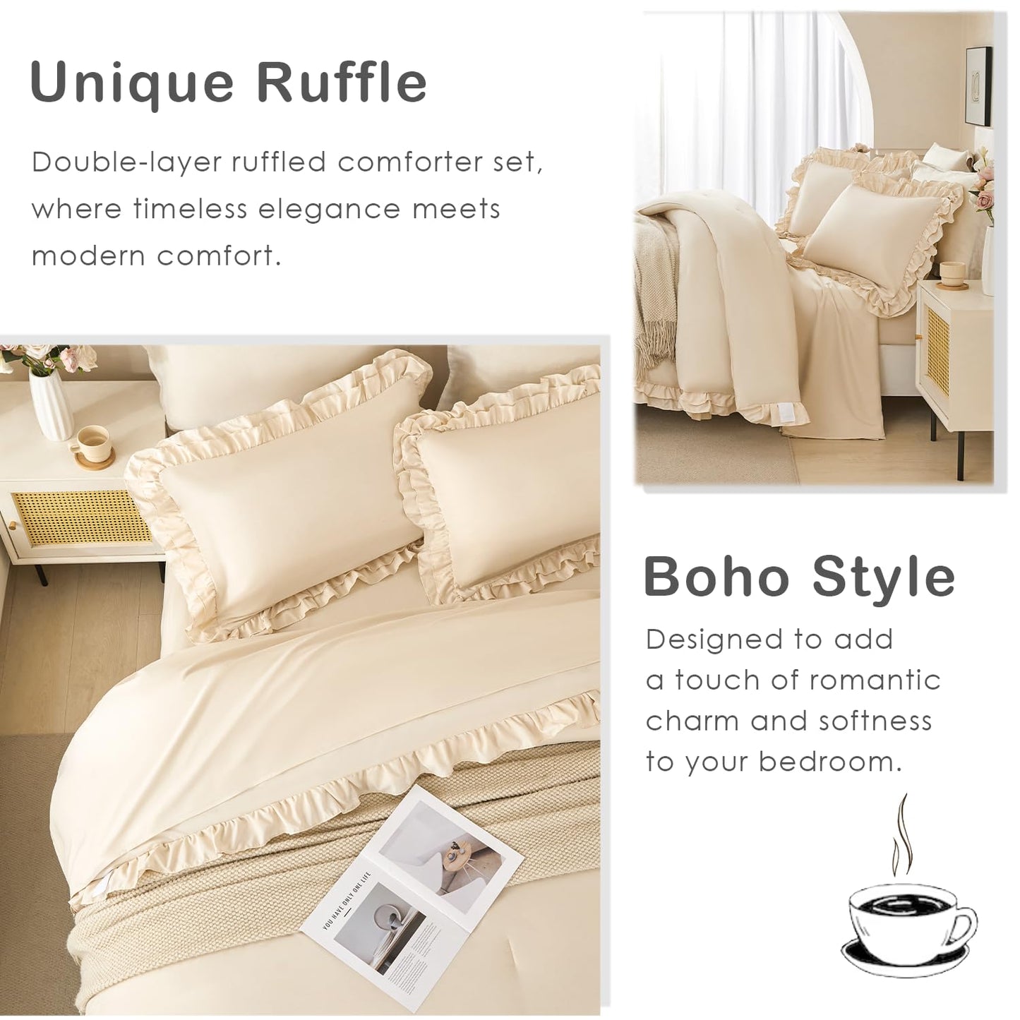 PERFEMET Queen Size Ruffled Comforter Set Beige 5 Pieces Ruffle Bedding Set Boho Comforter All Season Soft Microfiber Shabby Chic Bed in A Bag Women Men (Beige, Queen)
