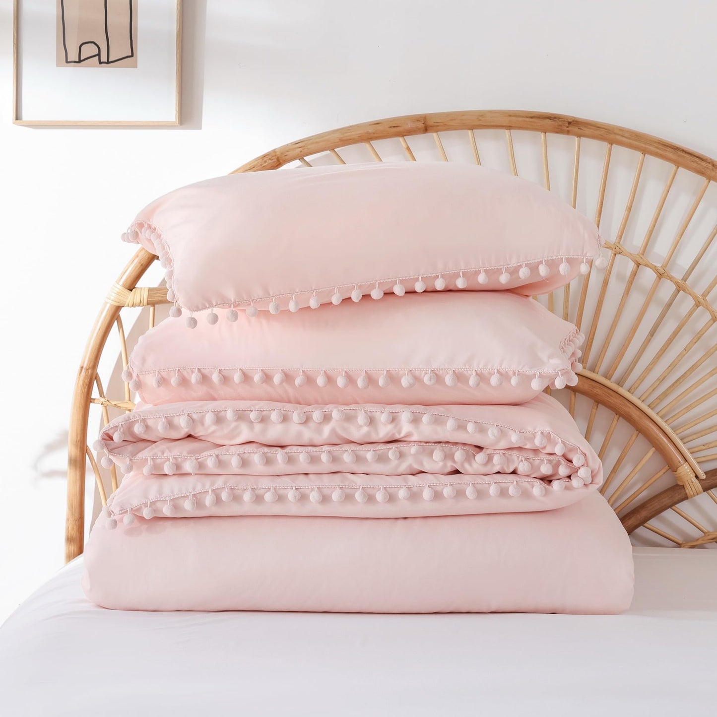 YIRDDEO Queen Comforter Set - Comforter Queen Size Sets with Ball Pom Fringe, Soft Bedding Set for All Seasons - 3 Pieces, 1 Comforter (90"x90") & 2 Pillow Shams (20"x26"), Blush
