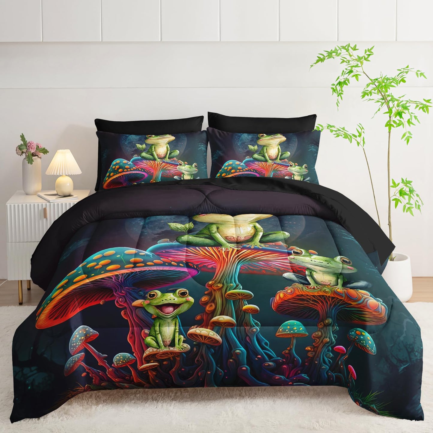 AILONEN Cartoon Frog Comforter Set Queen Size,Magic Mushroom Frog Bed in a Bag,7Pcs Soft Microfiber Black Comforter,Fitted Sheet,Flat Sheet,2 Pillowcases,2 Pillow Shams