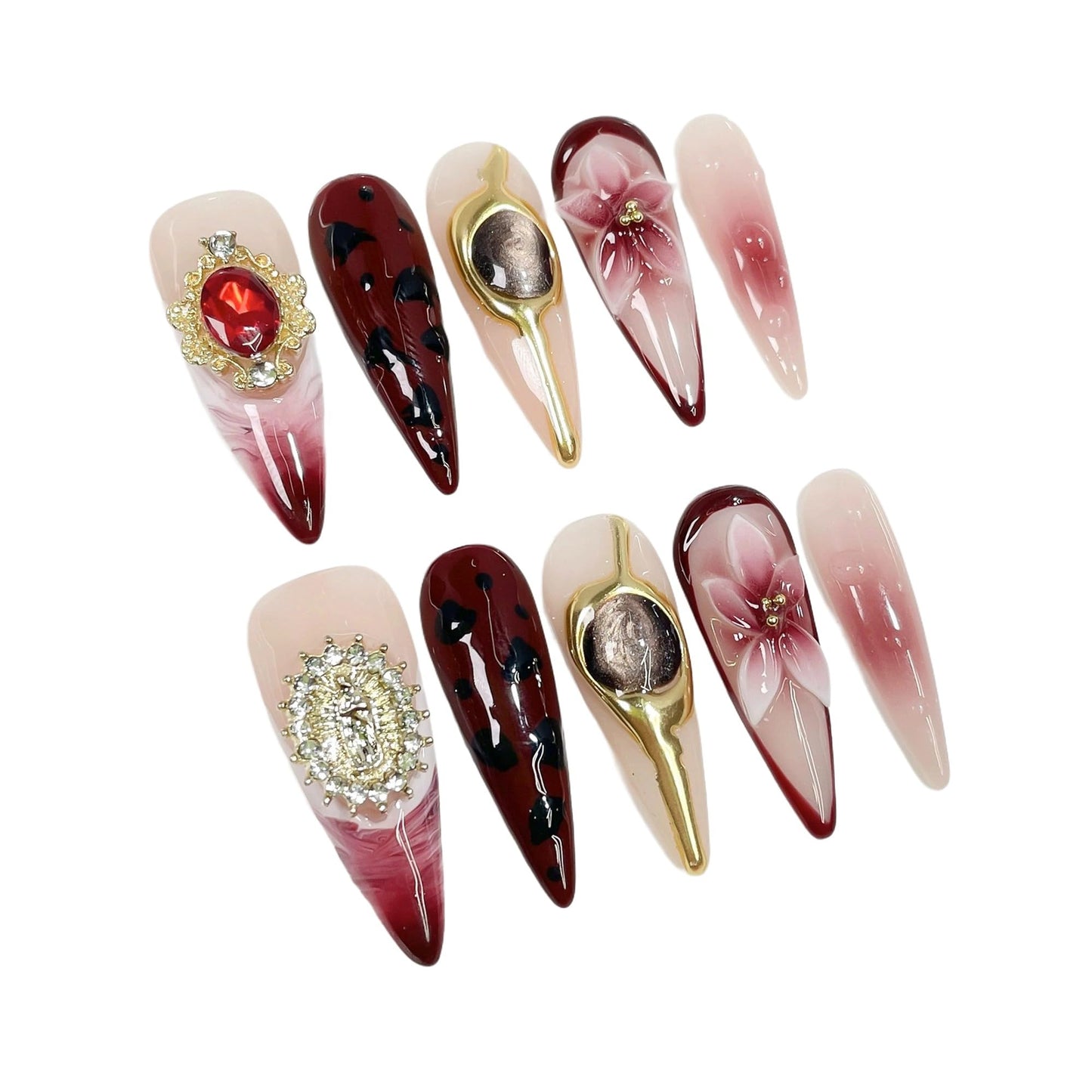 Handmade Press on Nails Long - Burgundy French Tips 3D Floral Fake Nails Glossy Stiletto False Nails with 3D Cat's Eye and Charms Designs Acrylic Nail Sparkly Stick on Nail for Women 10Pcs (Size M)