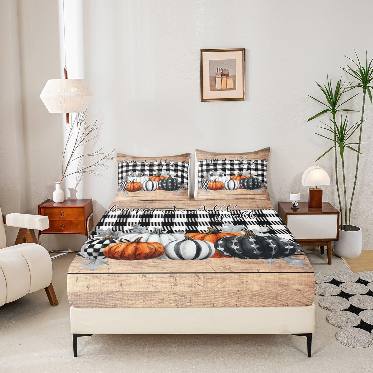 Fall Pumpkins Bed Sheets Queen Rustic Farmhouse Thanksgiving Theme Beddig Set Black White Buffalo Plaid Fitted Sheet Happy Autumn Fall Sheet Set Wooden Board Flat Sheet 2 Pillow Cases Home Room Decor