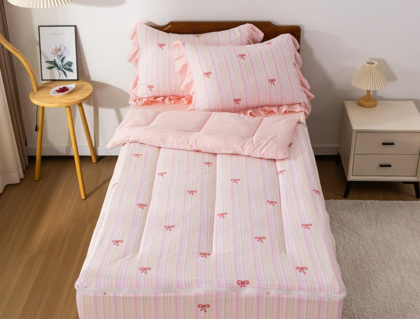 Meeting Story 3pcs Kids Comforter Set Twin Zipper Bedding Set for Girls,Bow Bedding Set Princess Comforter Set for Kid,All in one Zipper Bedding（Lightpink,Twin）