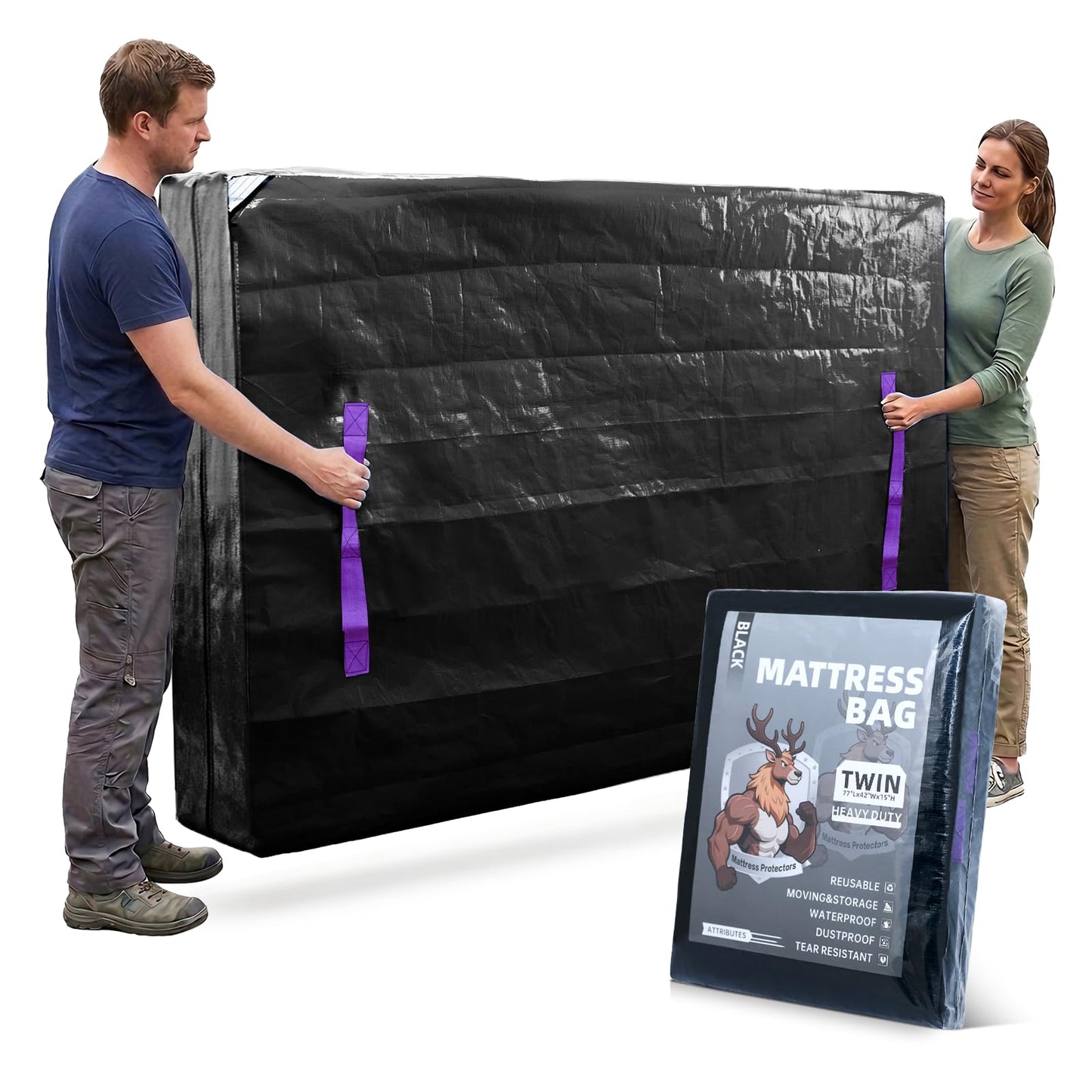 Tarpupu Mattress Bag for Moving Storage Handles Zipper Heavy Duty Twin Mattress Encasement Reusable Waterproof Mattress Cover Protector Moving Dorm Apartment Packing Storage (77"x42"x15" Black)