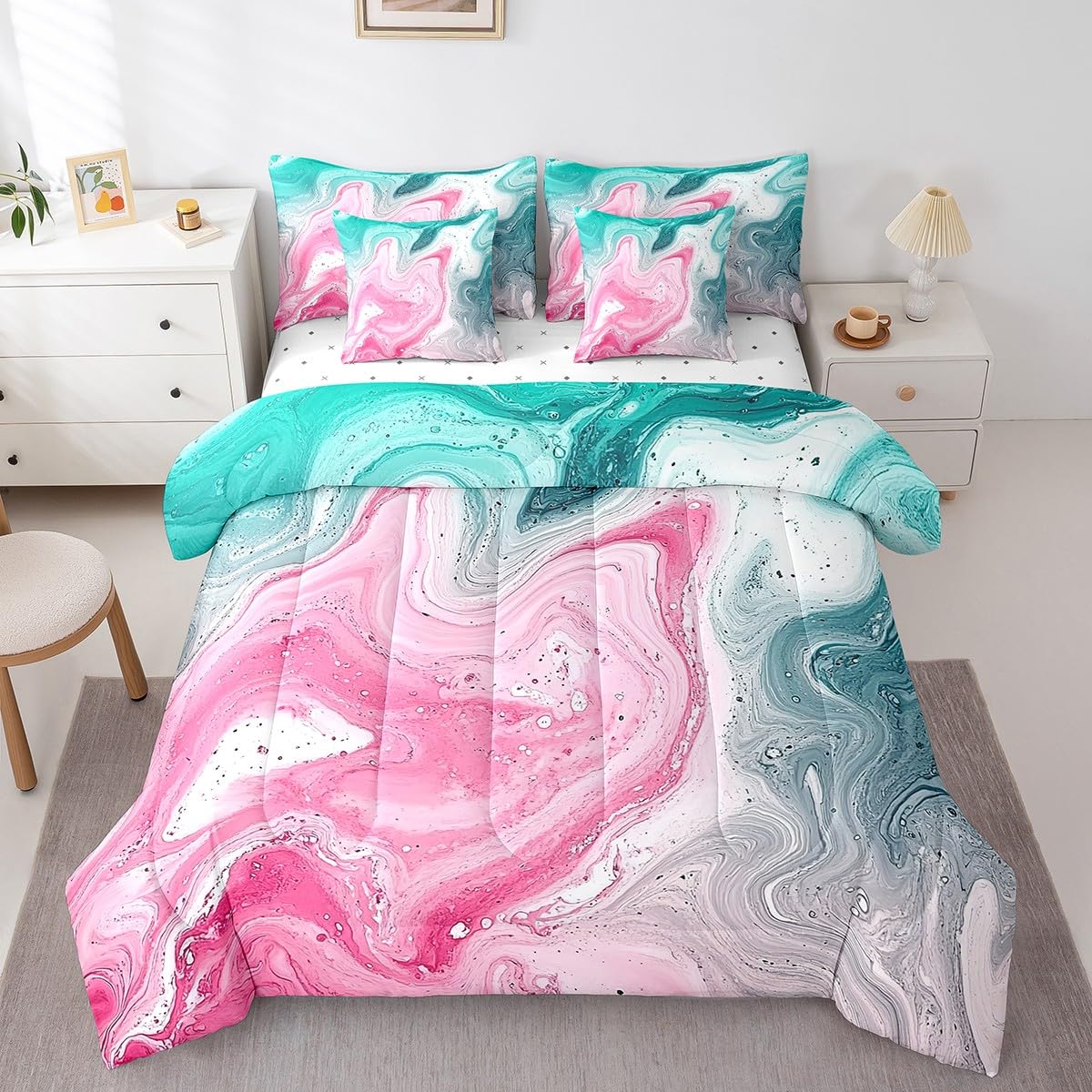 Erosebridal Marble Bed in A Bag with Sheets,Abstract Abstract Fluid Bedding Set Pink Green Gradient Twin Comforter Set 7 Piece for Kids Teen Adults,Marbling Sheet Set with Comforter