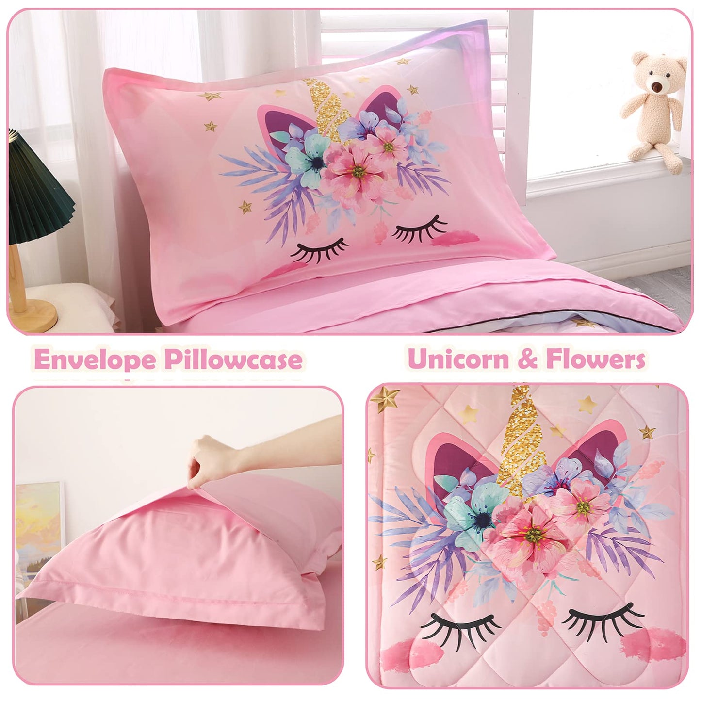KINBEDY Toddler Bedding Set 4 Piece Pink Unicorn Crib Bedding Set for Girls Soft Cute Floral Toddler Bed Sheets Comforter Set Baby Bedroom Set, Include Comforter, Flat Sheet, Fitted Sheet, Pillowcase