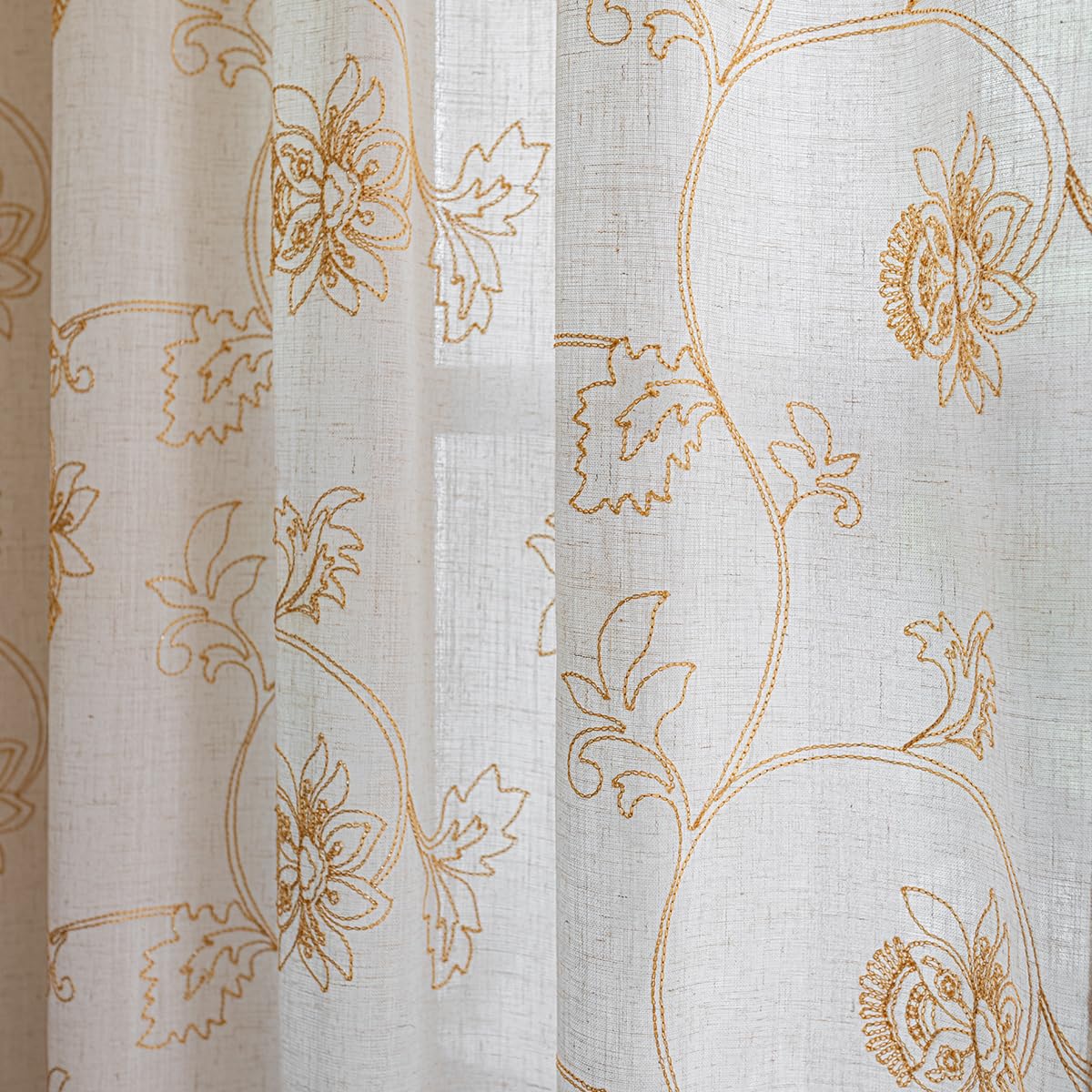 LSsudayin Embroidered Linen Blend Curtains for Bedroom, Living Room, Bohemian Semi-Blackout Floral Window Treatments with Backing Rod Pocket Hooks Beige Gold Matching Curtains 2 Piece 96 Inch Gold