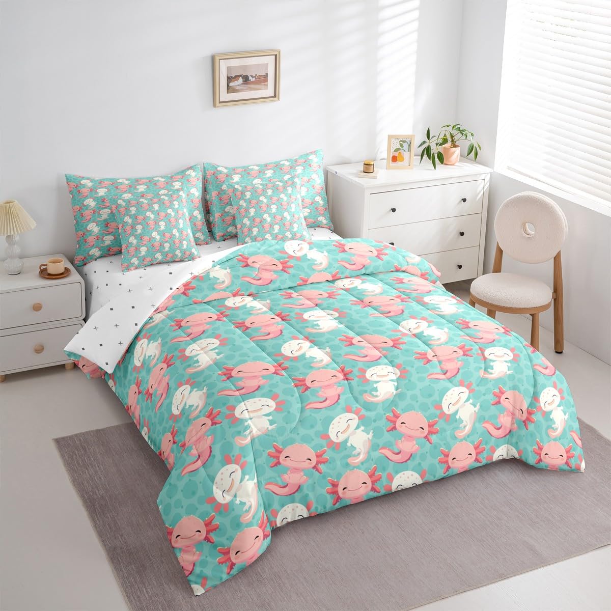 Erosebridal Cute Axolotl 7 Piece Bedding Set Twin Salamander Comforter Set with Sheets Kawaii Animal Bed in A Bag Wildlife Pet Bed Sets with 2 Pillowcases, 2 Throw Pillow Covers