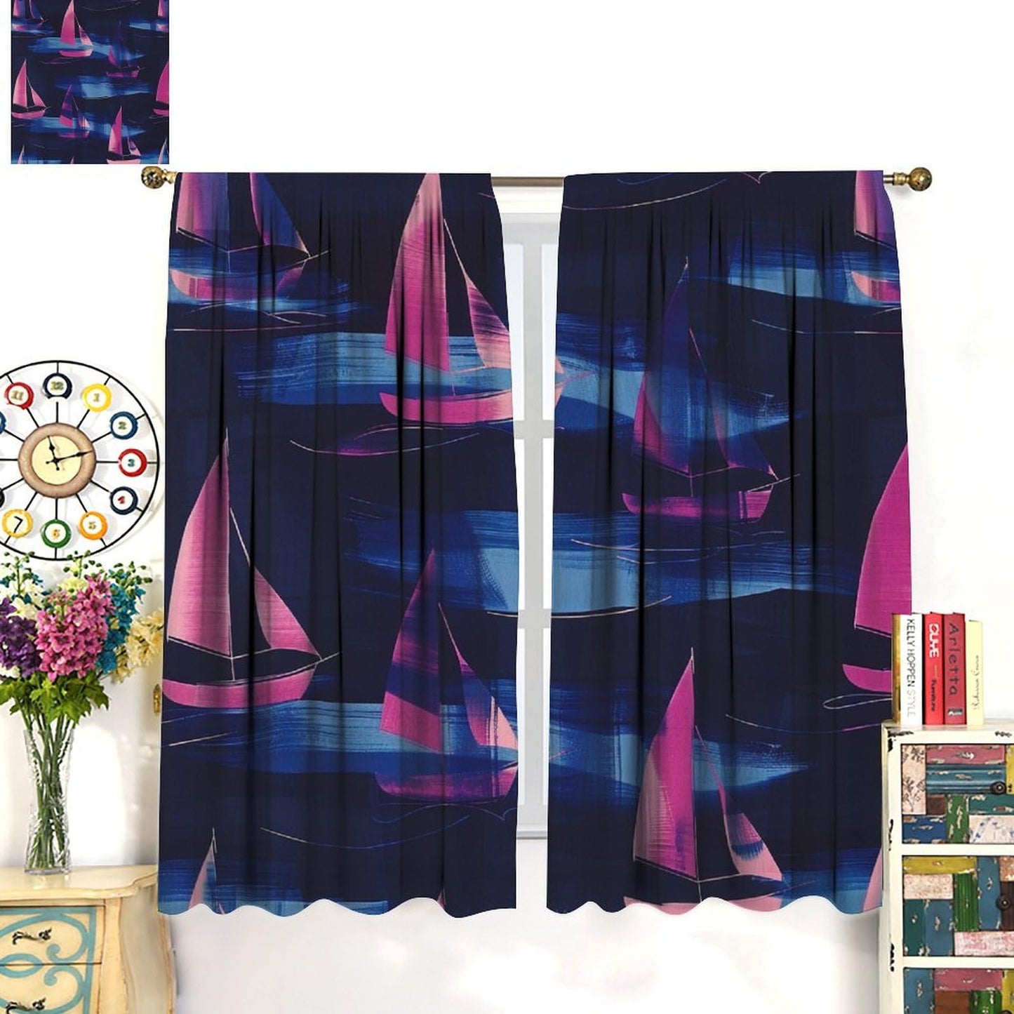TOWINSFB Abstract Sailing Ship Blackout Curtains for Bedroom Living Room, Modern Ocean Nautical Sailboat Thermal Insulated Room Darkening Curtain - 42" W x 45" L