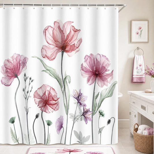 ZCHOMI Pink Purple Floral Shower Curtain Watercolor Flower Botanical Leaf Elegant Bathroom Decor Waterproof Polyester Fabric Bath Curtain 72 x 72 Inch with 12 Hooks