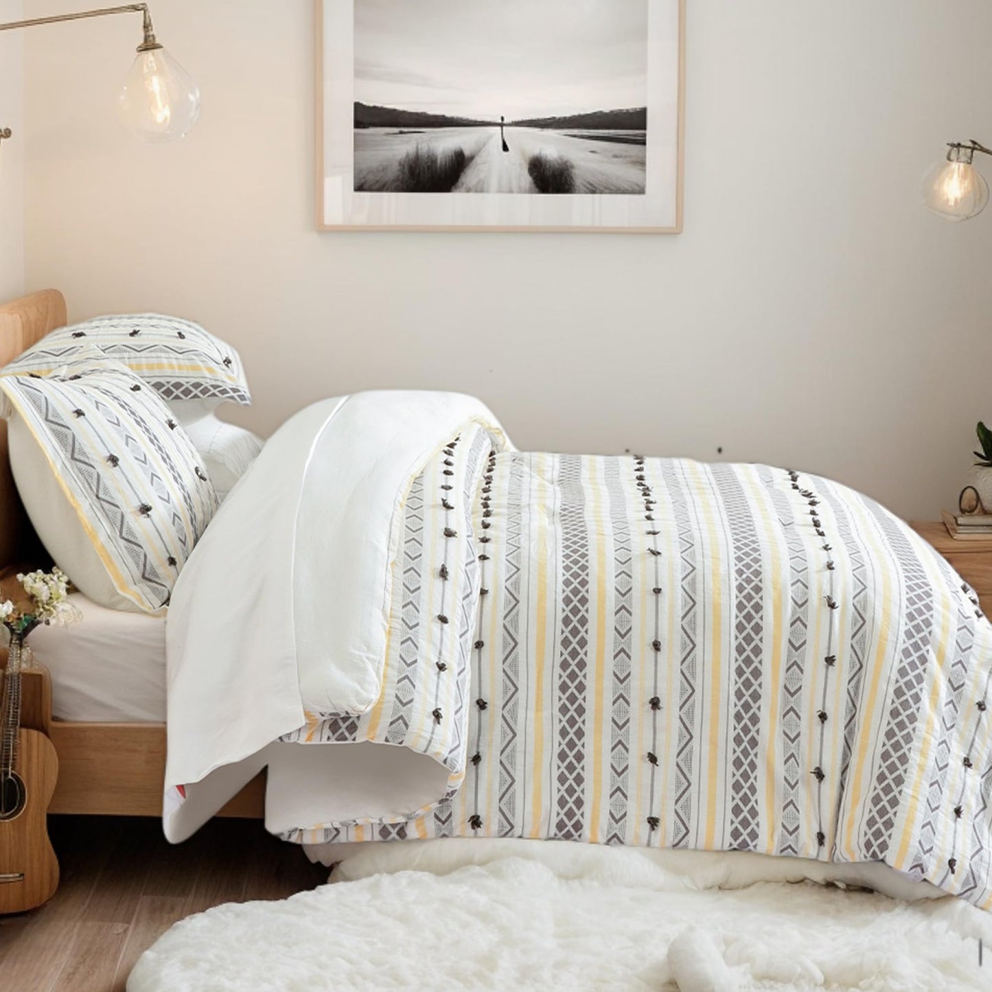 SLEEPBELLA Washed Double Layer Muslin 100% Cotton Comforter Set Queen Size, Yellow Grey Boho Fluffy Thick Checked Bedding Set, Soft Breathable(1 Comforter, 2 Pillow Shams)