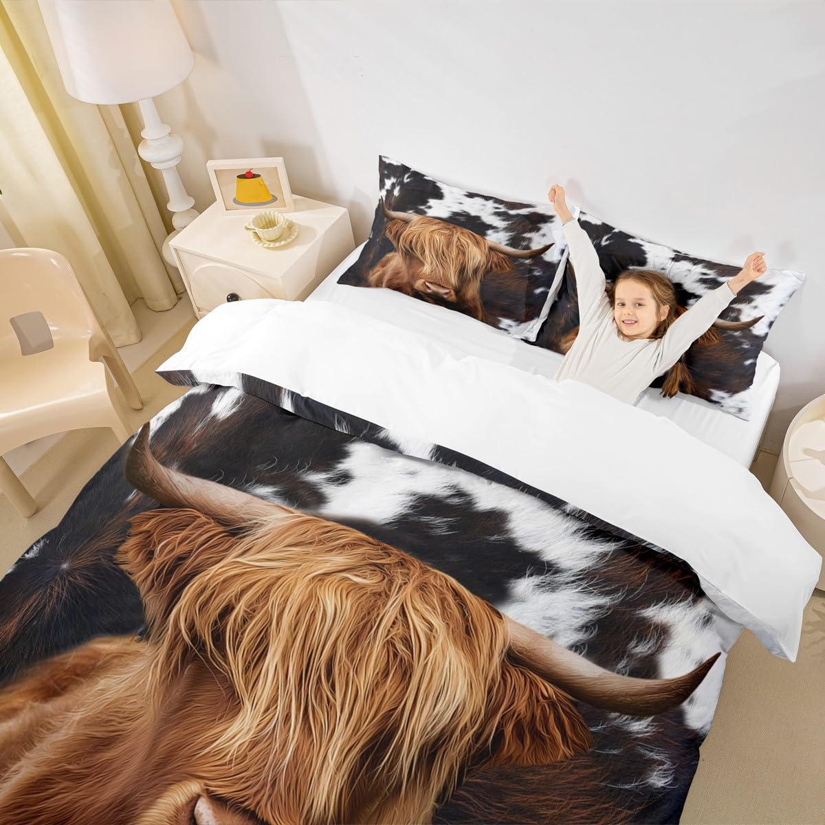 Highland Cattle Duvet Cover Set Queen,Cow Fur Bedding Set 3pcs for Kids Teens Boys Girls Room Decor, Farmhouse Animals Cowhide Comforter Cover Black White Brown Rustic Quilt Cover with 2 Pillowcases