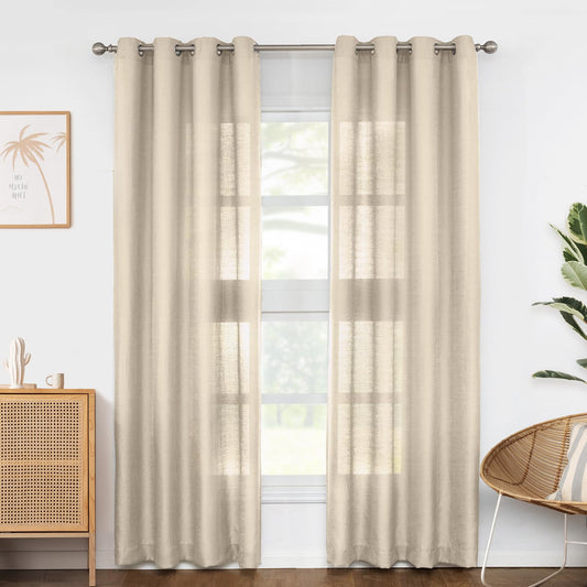 Melodieux Tan Semi Sheer Curtains 63 Inch Length for Living Room, Linen Rustic Bedroom Privacy Window Grommet Sheer Drapes, 52 by 63 Inch, 2 Panels