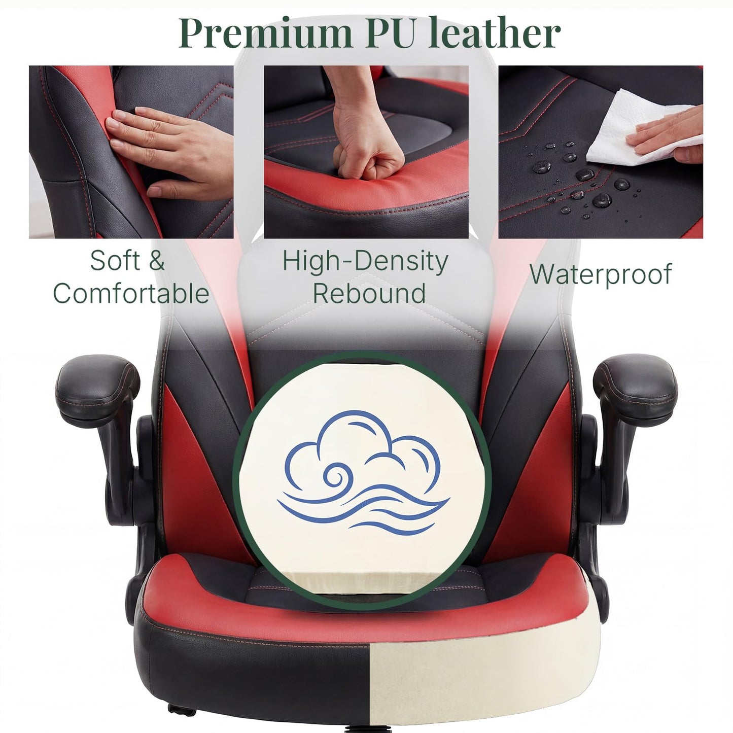 HAPPYMONT Ergonomic Computer Gaming Chair with Flip-up Armrest, Height Adjustable PU Leather Home Office Desk Chair with Lumbar Support Swivel Wheels and for Adults and Kids, Scarlet Red
