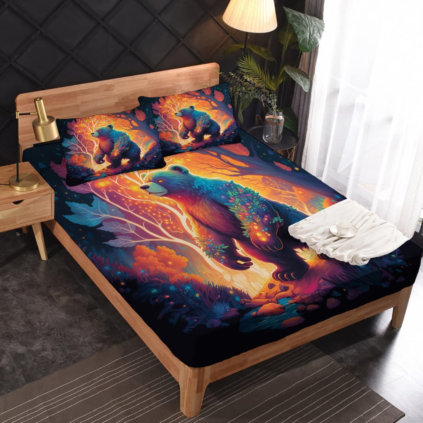 zcwl Queen Sheets Set, Bear Bed Sheets - Microfiber Bedding Sheets & Pillowcases 4 Piece, Forest Animal Colorful Patterned Sheet Set, 16 Inch Deep Pocket Fitted Sheet, Silky Soft Wrinkle Free