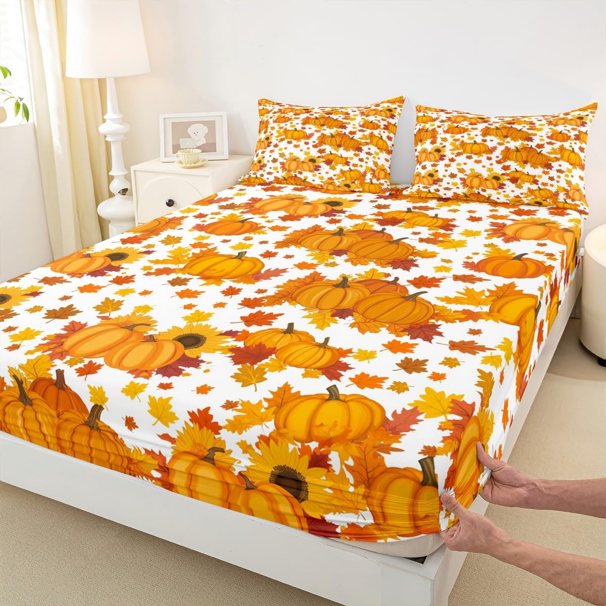 Fall Pumpkin Bed Sheets Queen Autumn Maple Leaves Bedding Set Thanksgiving Harvest Season Decor Sheet Set For Home,Rustic Farmhouse Sunflower Fitted Sheet Orange White Flat Sheet + 2 Pillow Cases