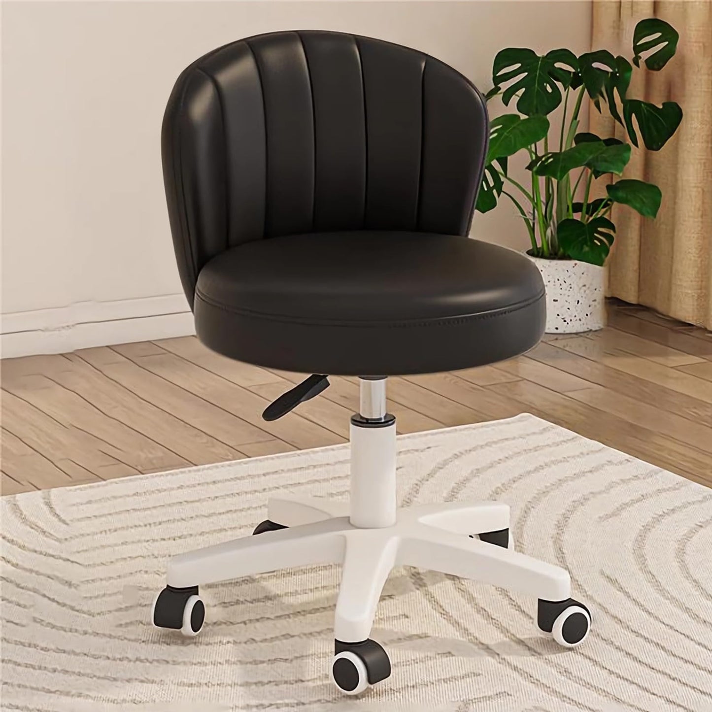 XUEGW Small Scallop Desk Chair with Back, Cute Armless Rolling Vanity Chair with PU Leather, Comfy Office Task Computer Chairs Height Adjustable for Bedroom