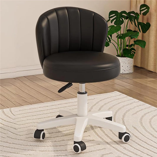 XUEGW Small Scallop Desk Chair with Back, Cute Armless Rolling Vanity Chair with PU Leather, Comfy Office Task Computer Chairs Height Adjustable for Bedroom
