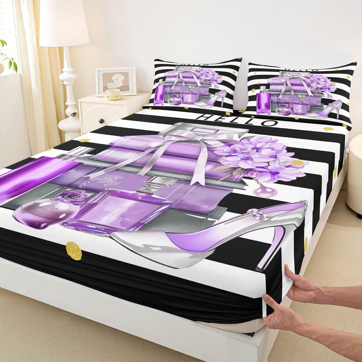 Erosebridal Black and Purple Bed Sheets King Size Fashion Black White Girly Sheets for Girl Women Modern Flower Floral Perfume Striped Sheet Set High Heels Magazine Books Bedding Set