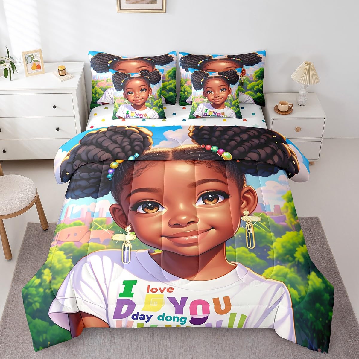 Twin Size 7 Pcs American Style Girl Bedding Set,Black Cute Girly Bed Sheet,African American Cartoon Reversible Printed Quilt Set+Flat Sheet+Fitted Sheet+2 Pillowcases+2 Throw Pillow Covers