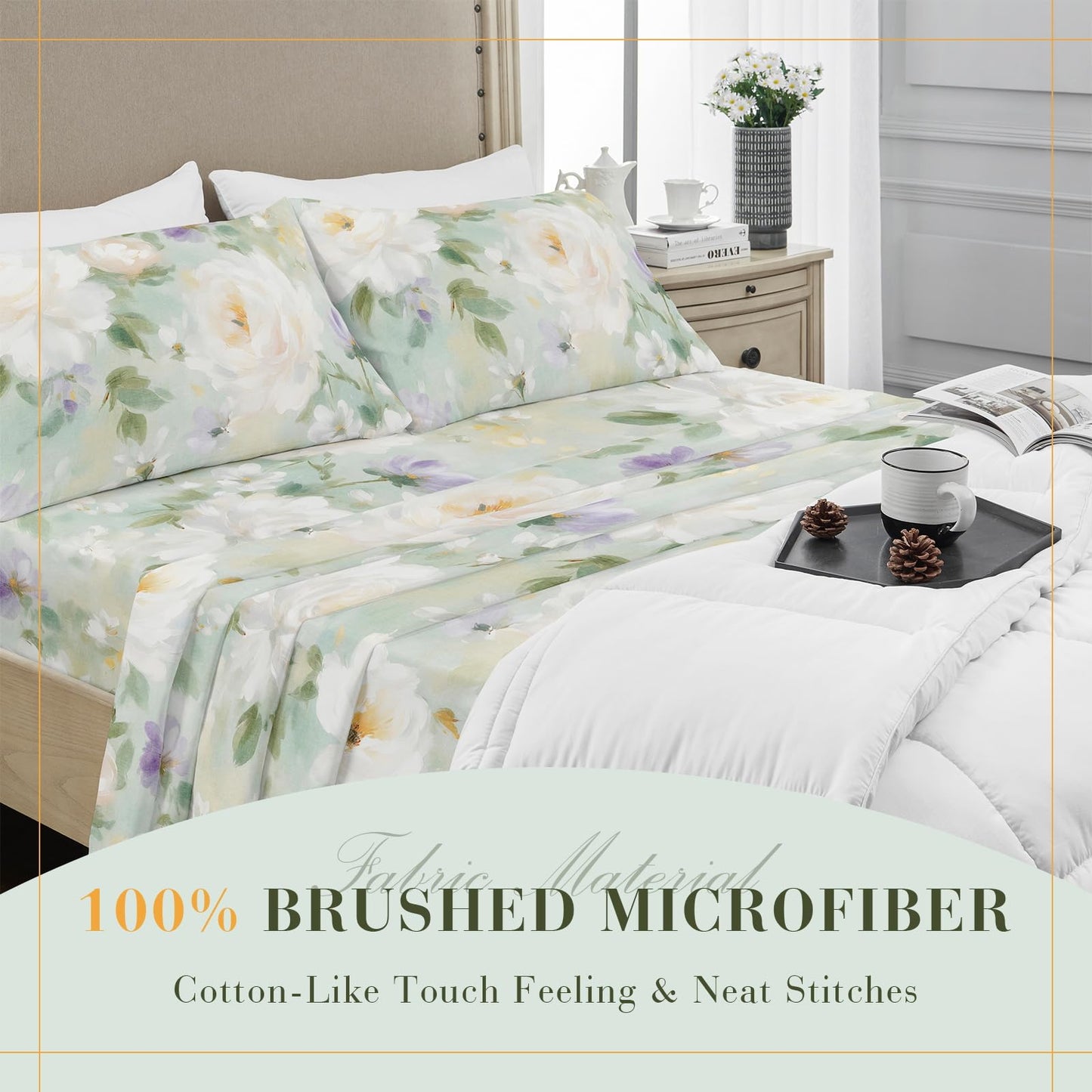 YIYEA Floral Sheets Twin Size, Premium Double Brushed Microfiber Bed Sheet Set for All Season, Soft Breathable, 16" Deep Pocket, Shrinkage and Fade Resistant, 3PC, Twin