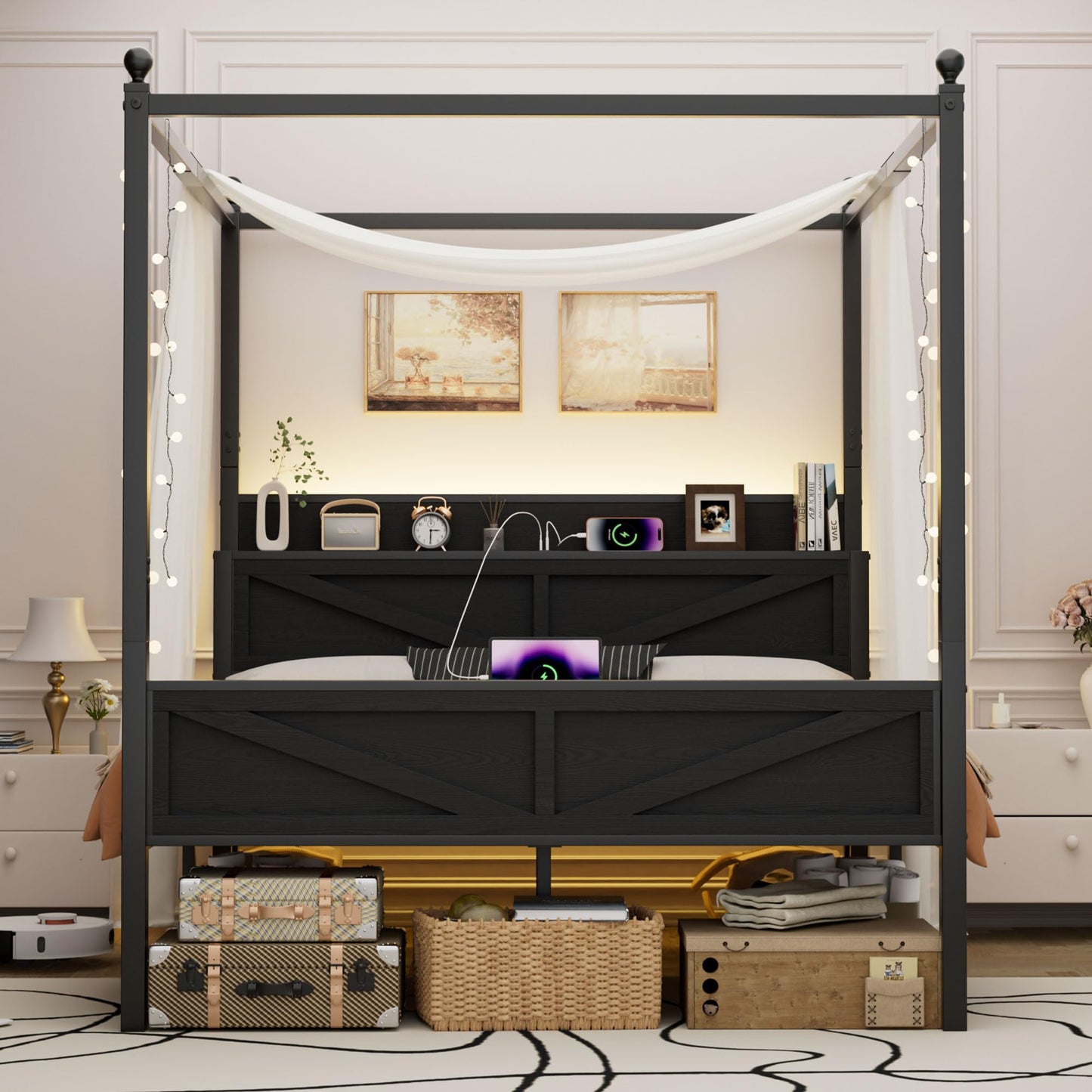 Tsovihe Canopy Bed Frame Queen Size with Barn Door Storage Headboard, Metal Platform Base & Mattress Foundation, LED Light & Charging Station, No Box Spring Needed, Easy Assembly Black‌