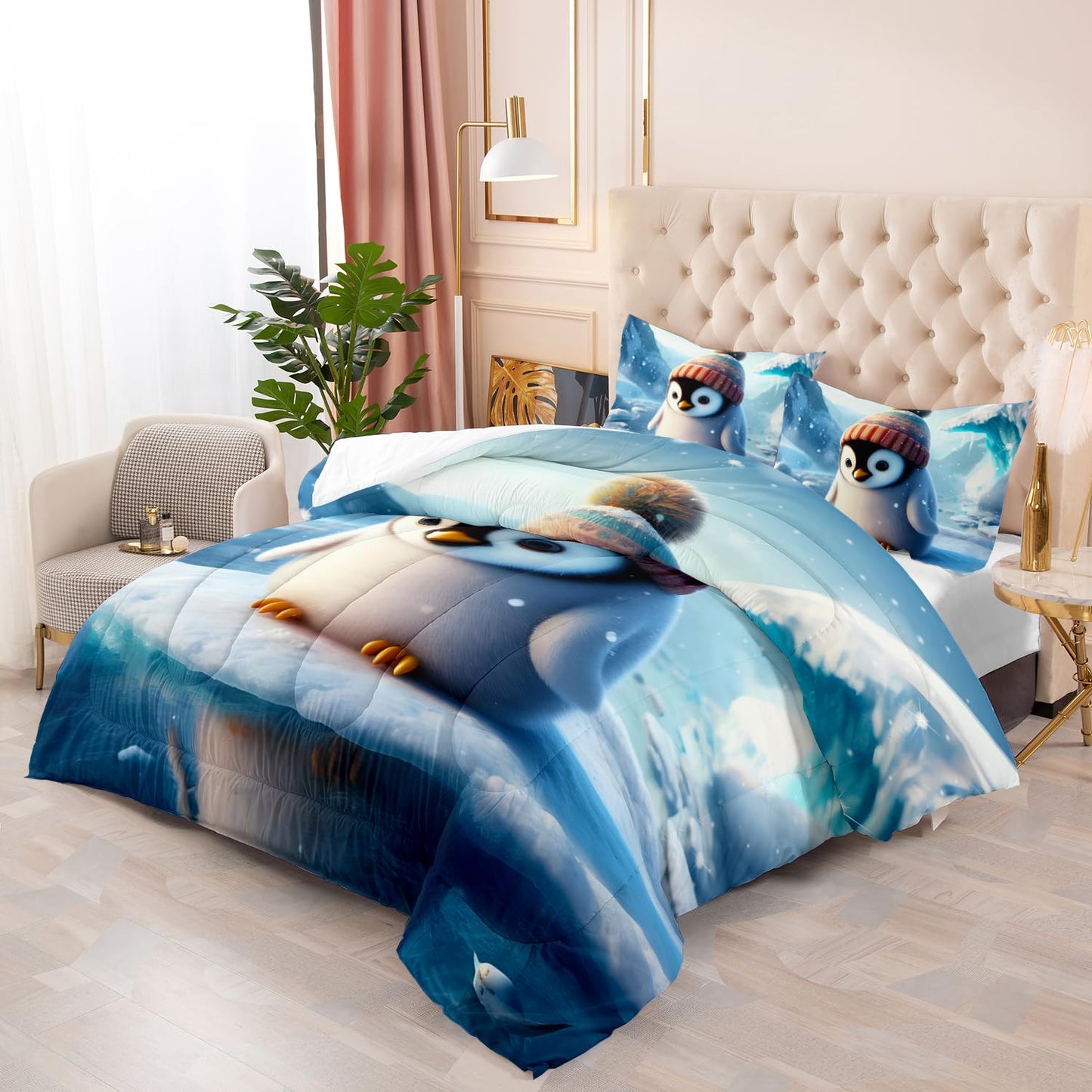 Kawaii Blue Penguin Comforter Set for Boys Kids,3 Pieces Cartoon Ice Penguin Bedding Set Queen Size Cute Penguin Lightweight Down Alternative Comforter with 1 Comforter 2 Pillowcase All Seasons