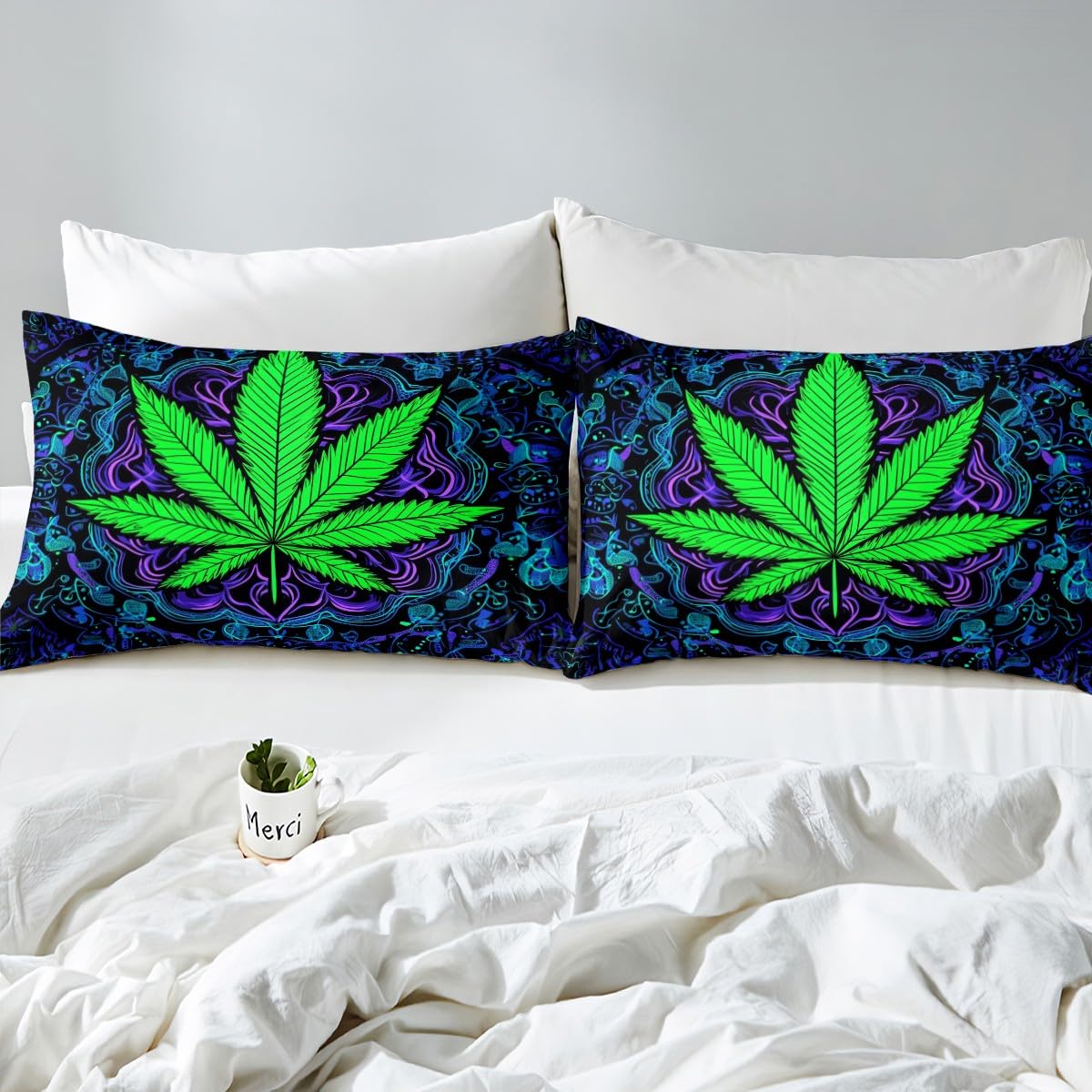 Erosebridal Bed Sheets Full Size Leaves Fitted Sheet Green Chic Top Sheet Purple Leaf Botanical Sheet Set Bohemian Style Plant Flat Sheet 4Pcs