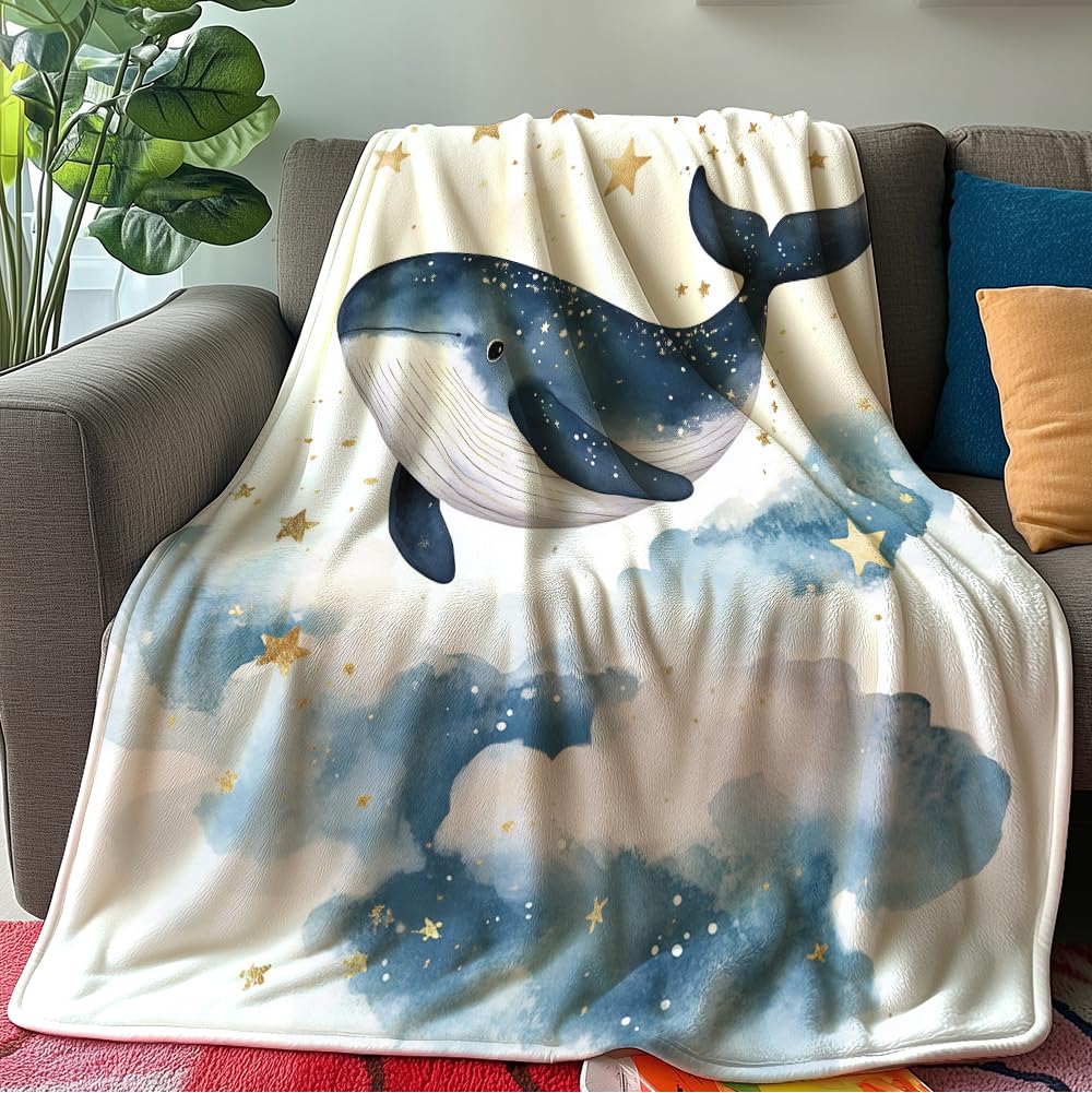 HUNXIAOJ Whale Throw Blanket Ocean Animal Blanket Whale Gift for Kids Warm Soft Flannel for Girls Boys Woman Teens Adults Bed Sofa Couch (49in x 59in)