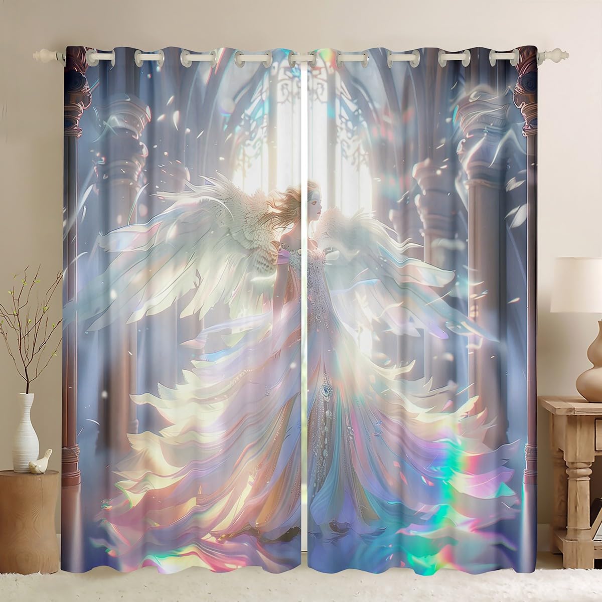 Erosebridal Girls Angel Blackout Curtains 2 Panels,38"x45",Angel Wings Curtains,Palace Window Curtains & Drapes,3D Printed Rainbow Darkening Curtains,Luxury White