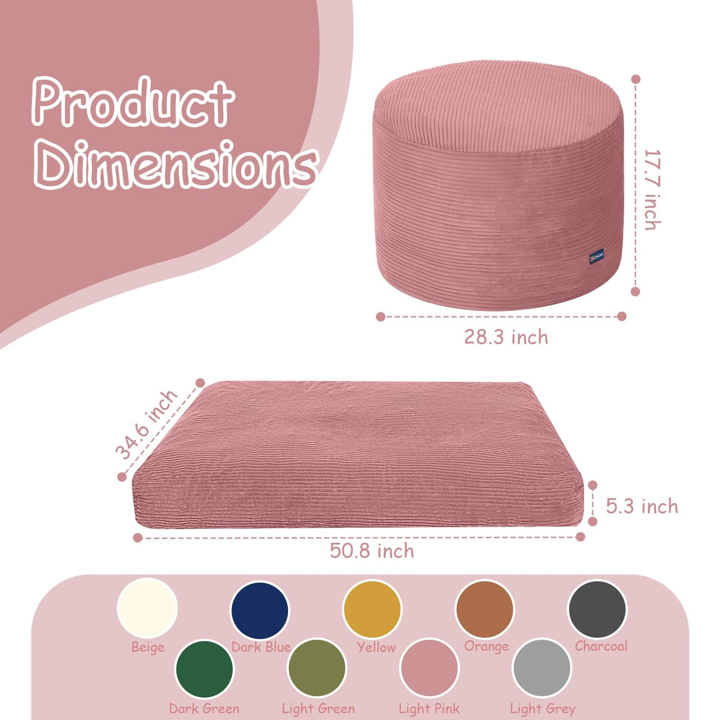 COMAX Kids Bean Bag Chair Turn into Beanbag Bed, Toddler Bean Chair Corduroy for Girl Boy Sleeping, Lazy Children Bean Bags with Filler, Convertible Child Floor Mattress, Light Pink