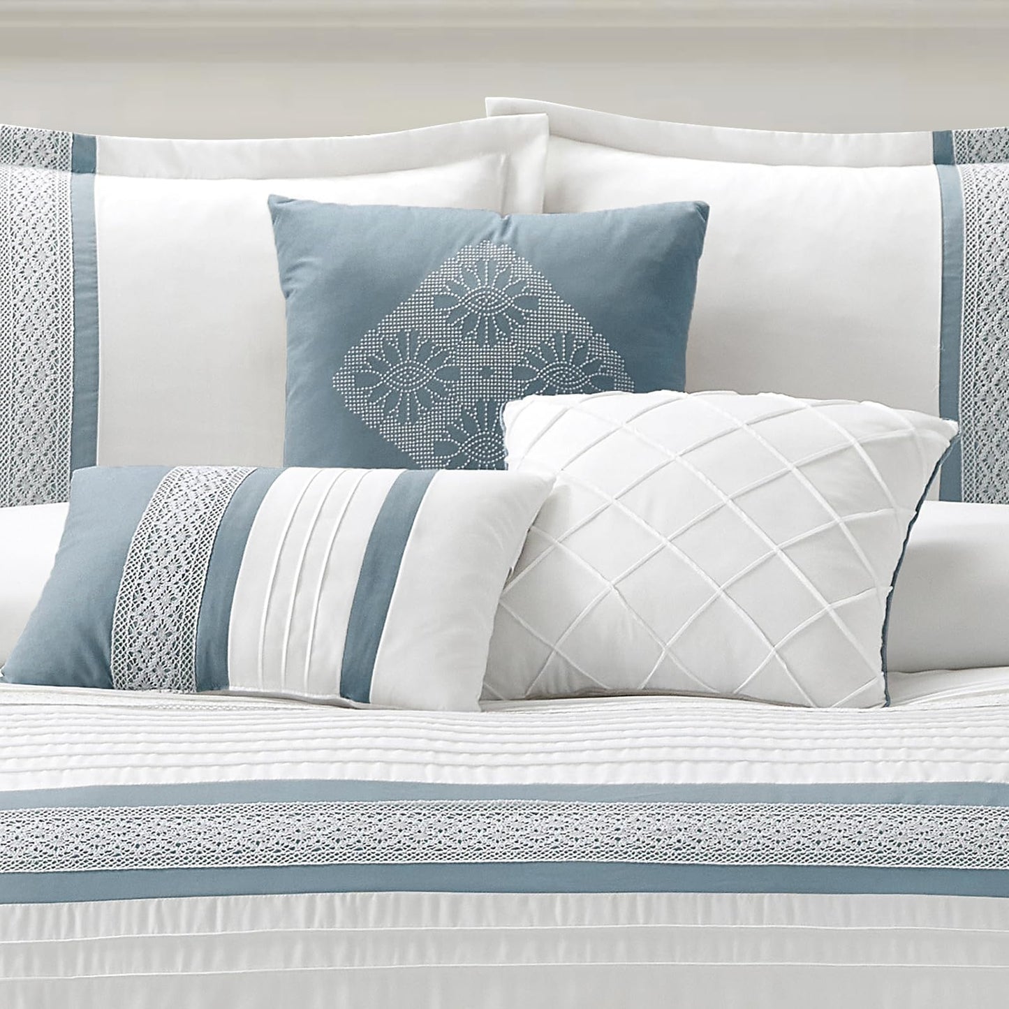 LANCO MODERN LIFESTYLE 7 Piece Comforter Set, Blue White, Queen Size, Boho Style Geometric Microfiber Embroidery, Bed in a Bag with Bedskirt, Pillow Shams and Decor Pillows