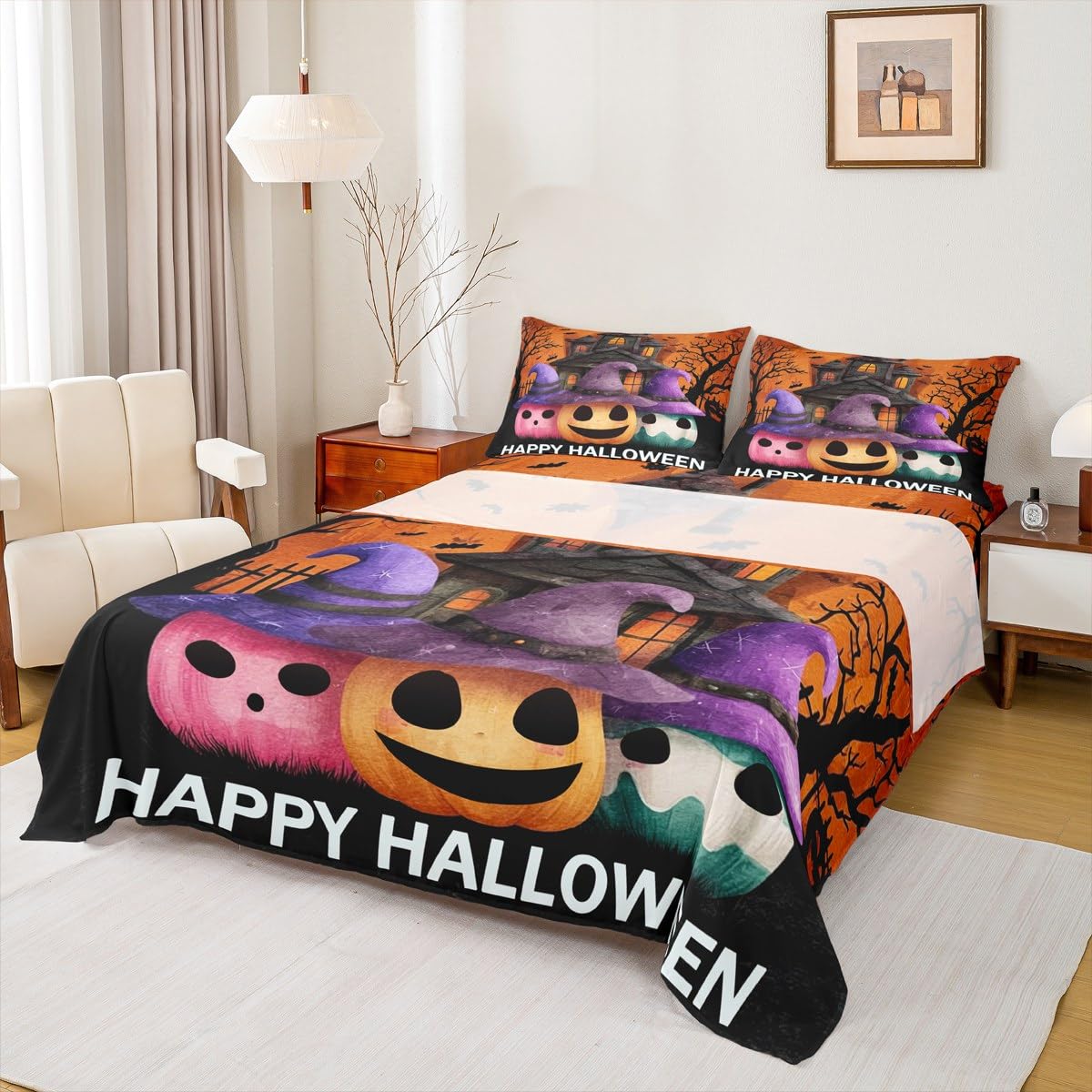 jejeloiu Halloween Decor Bed Sheets Set Twin Size Pumpkin Bed Set for Kids Boys Girls Witch Hat Deep Pocket Fitted Sheet Haunted Houses Breathable Soft Lightweight Microfiber