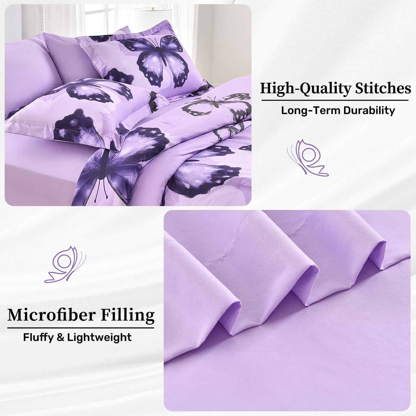 ARTALL Bed in A Bag Twin Size 5 Pieces, Purple Big Butterfly Bedding Comforter Set All Season Bed Set with Comforter, Pillow Sham, Flat Sheet, Fitted Sheet, Pillowcase